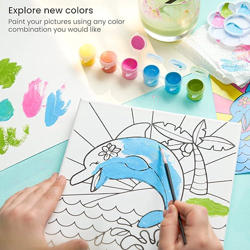 Miniatura 5 de ARTEZA Kids Kit de pintura de criaturas acuáticas, 4 lienzos de 8 x 8 pulgadas, 24 pinturas acrílicas, 4 pinceles, 4 paletas, actividades para niños