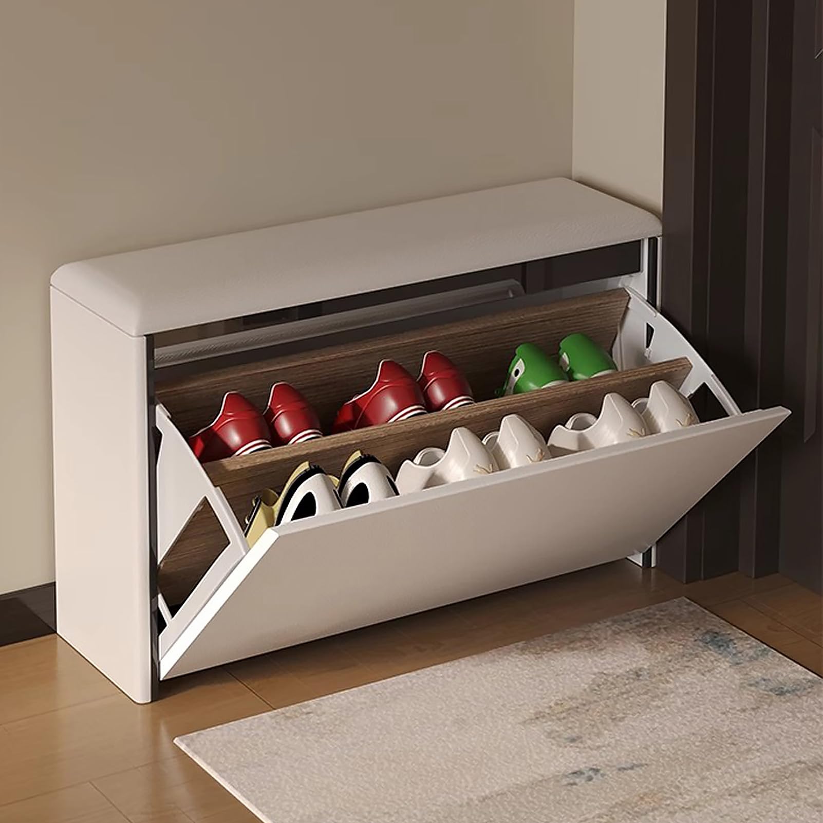 SXZenSpace Entryway Shoe Rack Bench with Cushion and Door, Narrow Storage Organizer Cabinet for Entryway, Hallway, Living Room