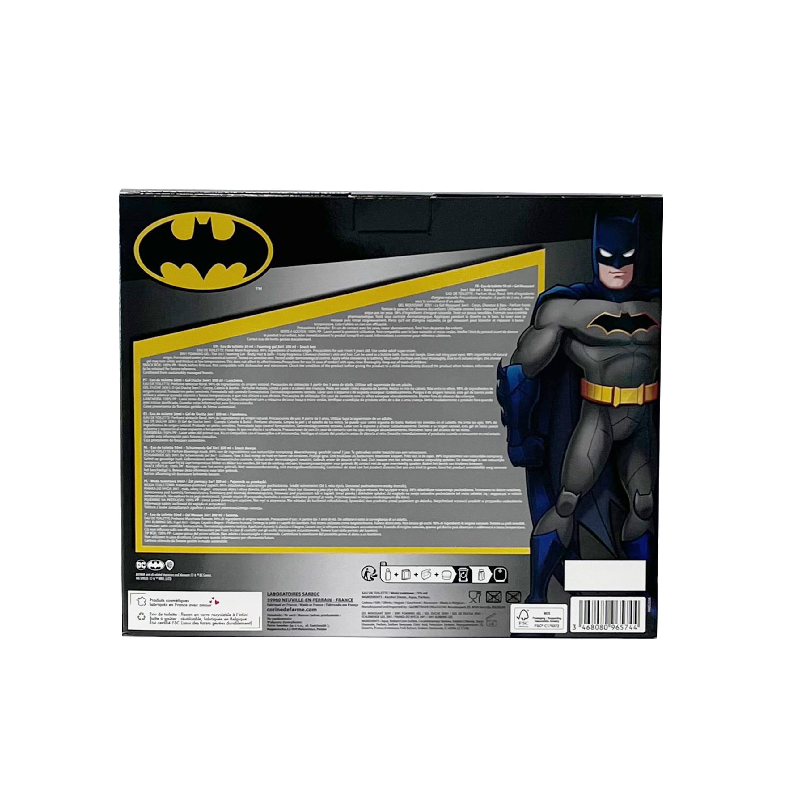 Corine de Farme - Cofanetto Batman con Eau de Toilette 50 ml, bagno schiumogeno 300 ml e scatola per gustare - Regalo per ragazzo - Profumo per bambini Profumo Muschio floreale - Gel fruttato 3 in 1
