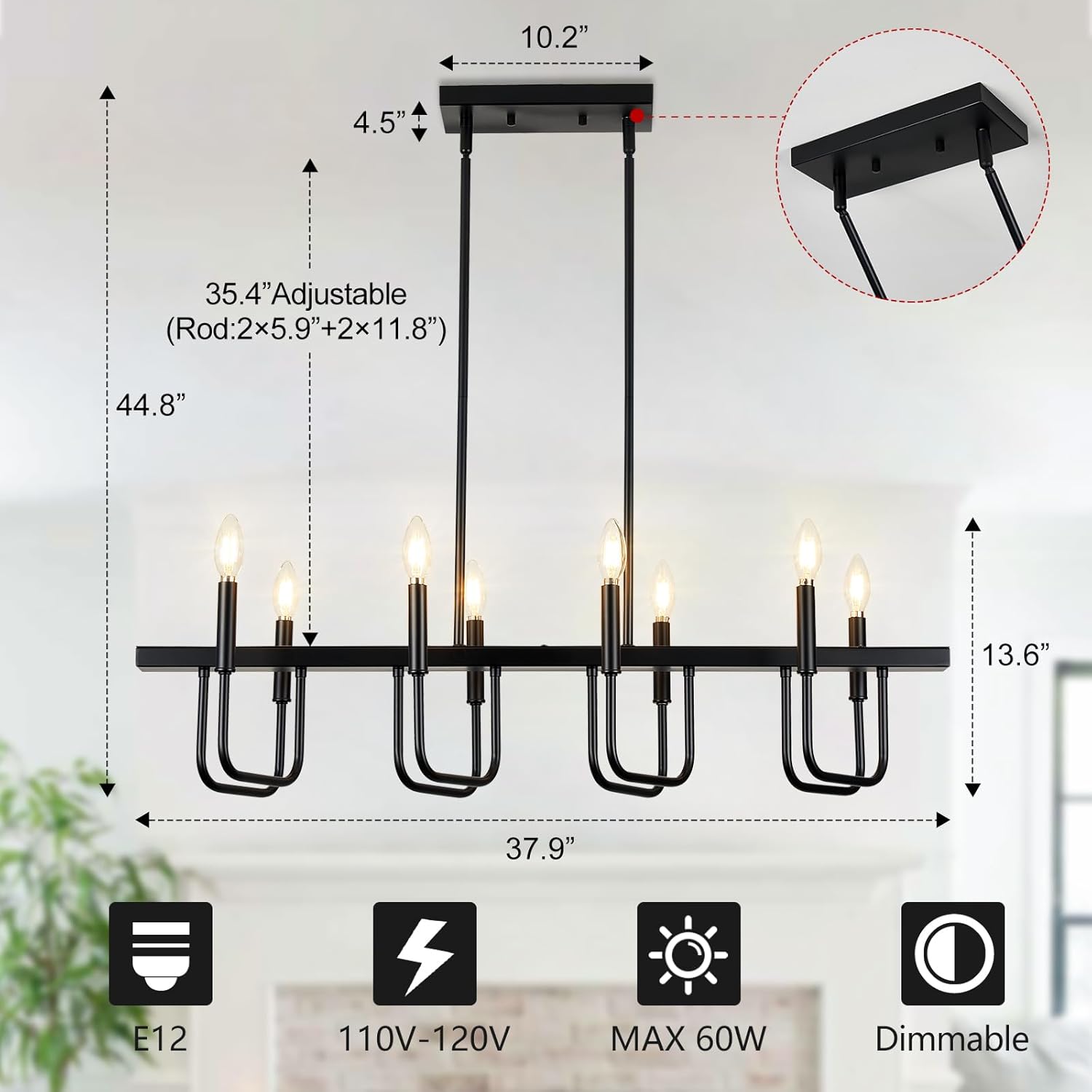 Rectangular Dining Room Light Fixtures Over Table, Modern Farmhouse Chandeliers for Dining Room, 8 Light Black Chandelier Linear, Island Lights for Kitchen