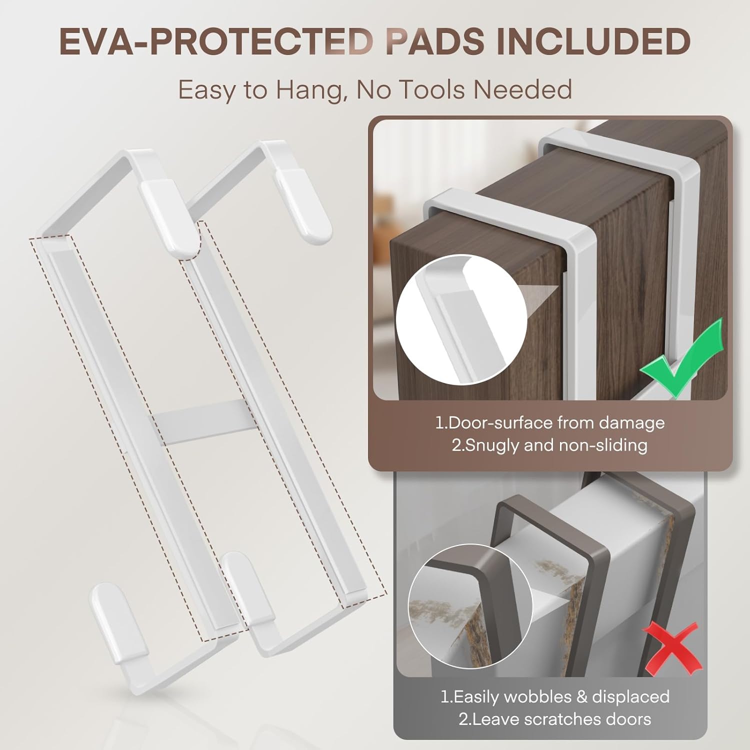 FYY 2 Packs Over The Door Hooks, Double Sided Door Hanger Hook - Heavy Duty No Drill Wall Hooks for Hanging Coats, Towels, Bags, Kitchen Closet Fits Most Doors Up to 1-7/8" Thickness (5.12" L, White)