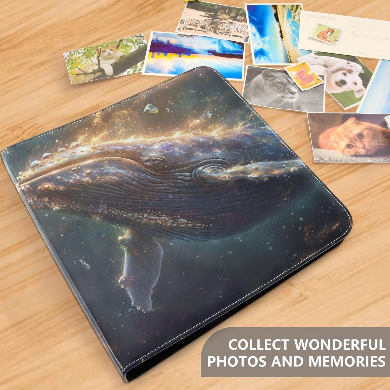 JIPONI Humpback Whale Large Photo Album, DIY Leather Cover Scrapbook Albums for 4x6 5x7 6x8 Pictures, Self Adhesive Memory Book for Wedding, Baby, Family