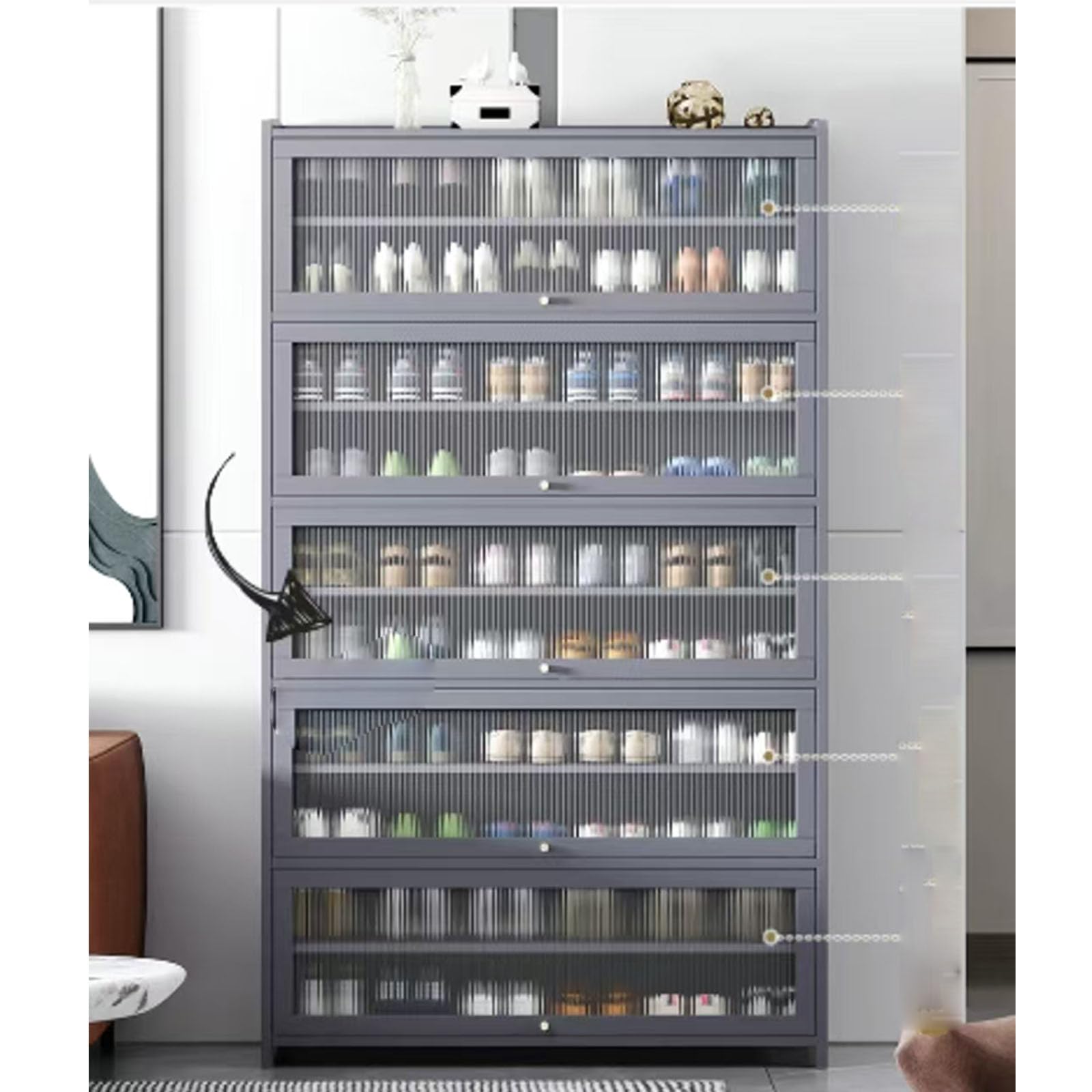 Gabinete de zapatos de bambú, puerta transparente, estante de zapatos de gran capacidad, con puerta plegable (Gris, 80cm,9capas)