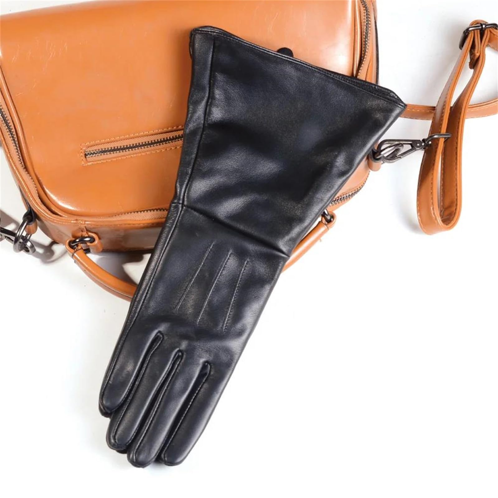 Guantes largos de piel de oveja auténtica negra para mujer, longitud al codo, medieval, renacentista, cosplay, guantes de vestir