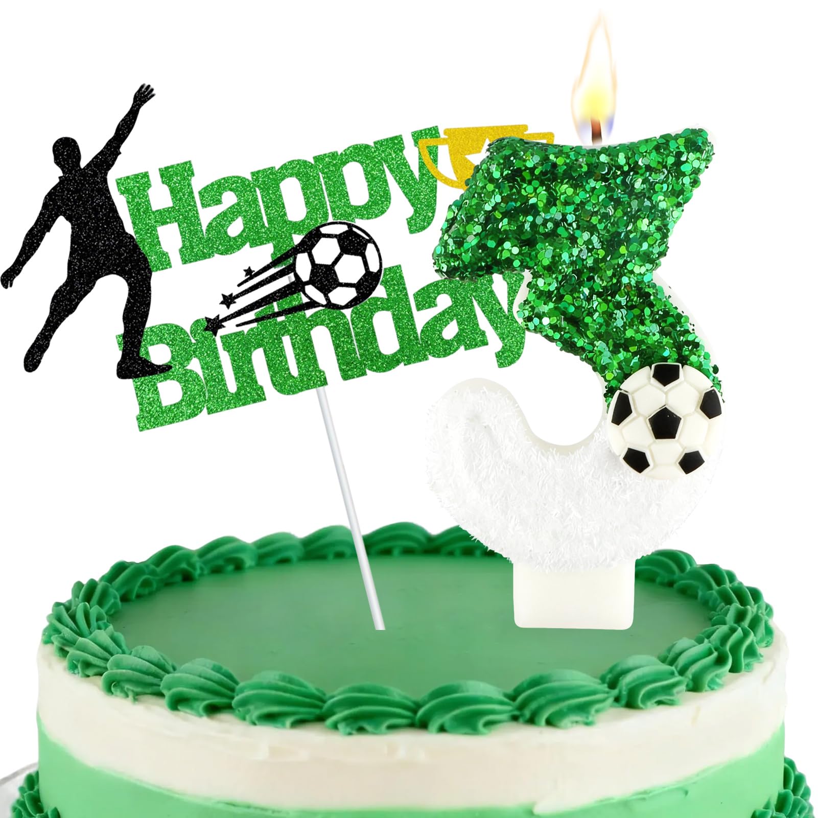 Football Number Candles, Birthday Candles for Cake, Cake Candles with Greeting Card for Birthday Party Wedding Anniversary Celebrations(3 Candle,Green&White)