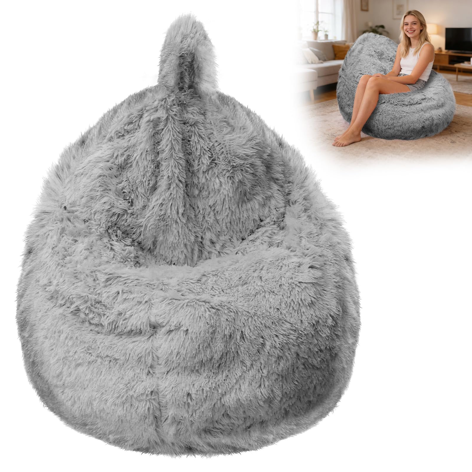 Kids Fluffy Faux Rabbit Fur Bean Bag Chair Cover (No Filler), Soft Fuzzy Stuffed Animal Storage Bean Bag for Plush Toys, Cute Shaggy Furry Beanbag Cover with Handle for Kids Adults(Light Grey)