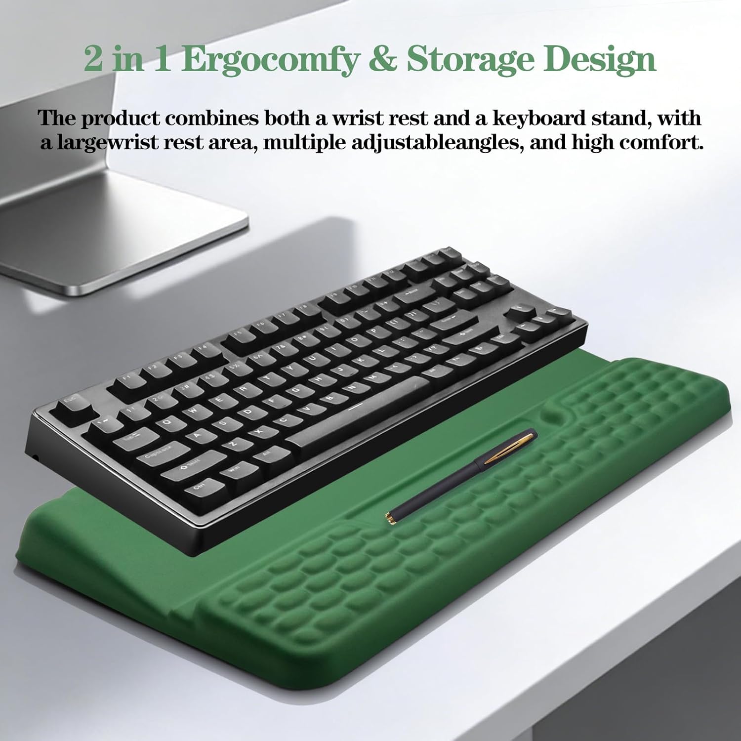 Ergonomic Keyboard Stand with Wrist Rest, Computer Wrist Support Pad, Tilted Keyboard Riser Holder Lift Tray with Wrist Pad, Easy Typing, Comfy Soft Memory Foam Desk Cushion for Office (03- Green)