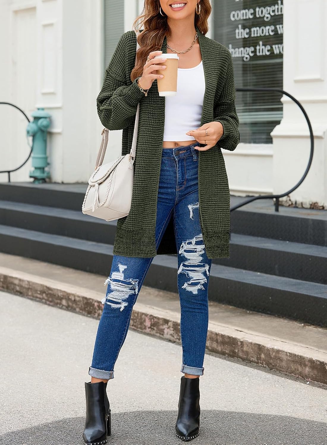 Sidefeel Womens 2025 Fall Outfits Long Sleeve Open Front Cardigan Sweaters Oversized Checkered Chunky Knit Sweaters Coat - Image 4