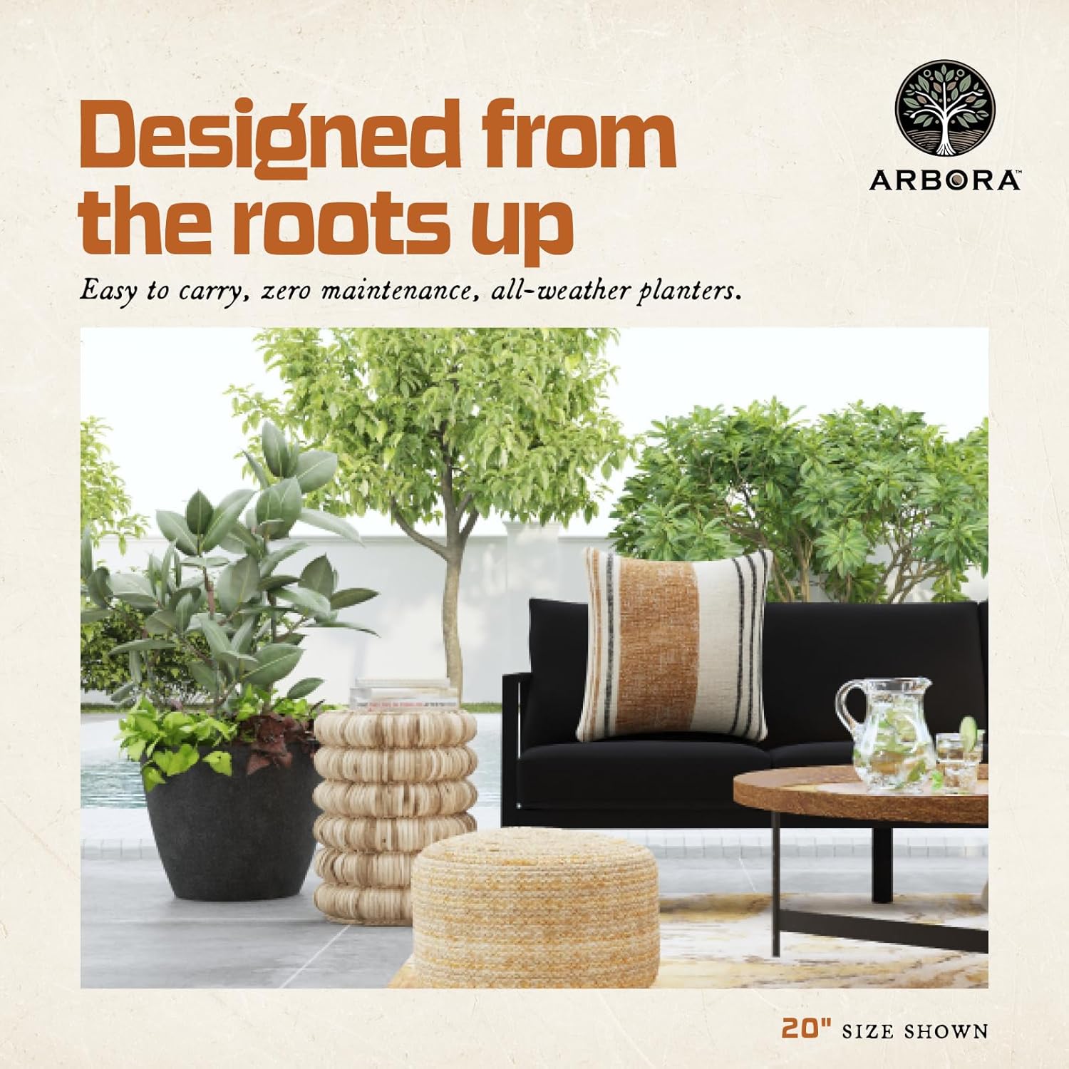 ARBORA 16" Valencia Polyresin Indoor and Outdoor Planter with Classic Black Finish - Durable, Weatherproof, Lightweight, Large Plant Pot for Patio, Garden, Deck, Entryway