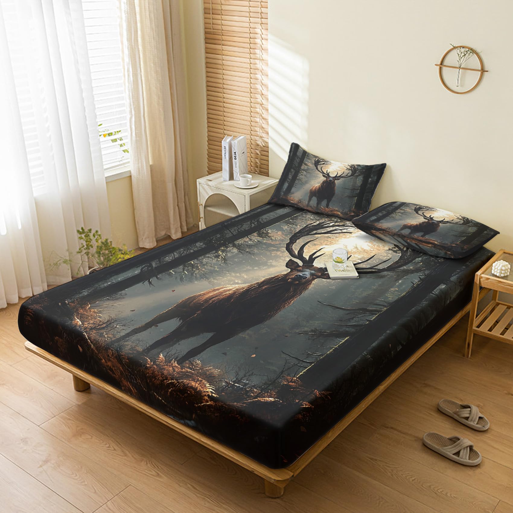 Generic Deer Fitted Sheet Single Bed, with 1 Pillowcase - 3D Animal Wildlife Hunting Bed Sheets & Bedroom Decor & Gift, 30 cm Deep Pocket, Soft Brushed Microfiber Bedding - SWJ2981