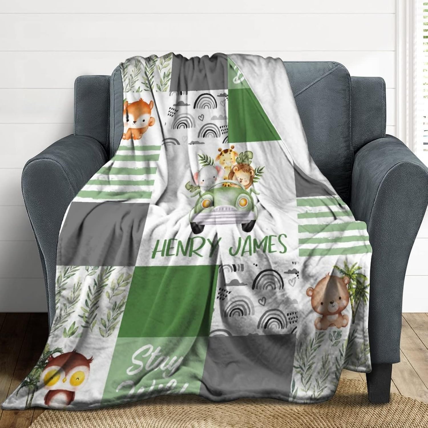 Artsadd Personalized Woodland Nursery Blanket with Name, Custom Baby Boy Jungle Animal Blanket, Customized Safari Baby Swaddle Throw Blankets for Kids Boys Girls Toddler Baby Shower Birthday