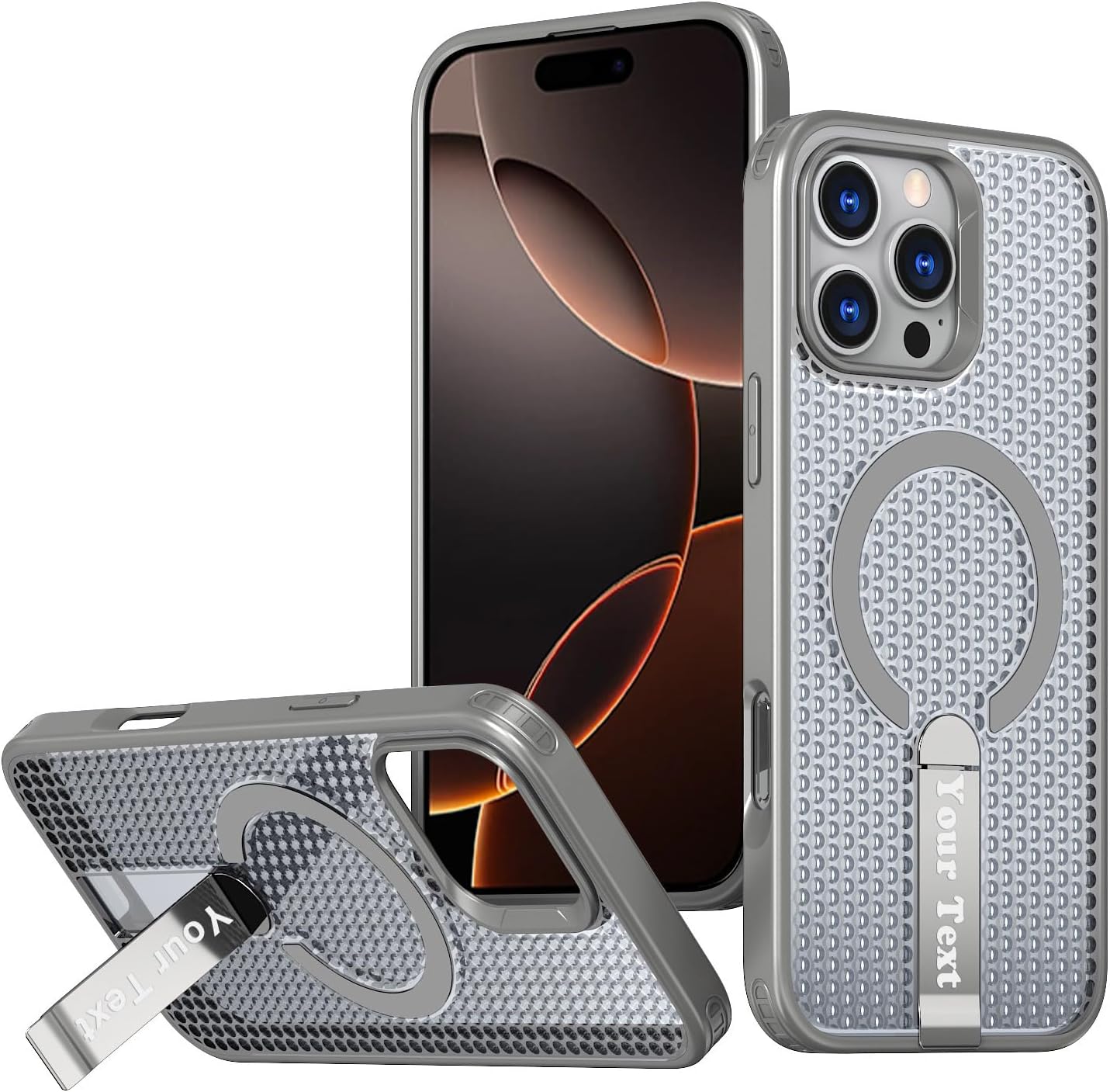Custom Magnetic Phone Case Compatible with iPhone 17 Air 16 15 14 13 12 11 XR Plus, Pro, Max Heat Dissipation Personalized Name Shockproof TPU Cover with Kickstand Shockproof Anti-Fall Gray