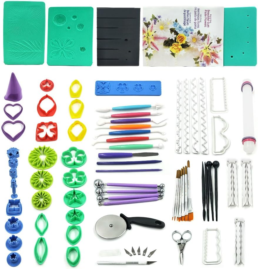 73pcs Gum Paste Flower & Leaf Tools Kit with 36 Flowers Cutter Set,2 Impression Mat,8 Modelling Tool,Baking Book,4 Ball Tools,3 Flowers Drying Rack,6 Filling Stick,7 Brush,6 Set Cake Decorating Tools