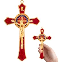 TALPGOD St Benedict Crucifix Red 7 Inch,Crucifix Wall Cross for Catholic Decor,Jesus Christ Hanging Cross Wall Art Decor,Escapularios Catolicos,Saint Benedict Medal for Home Decoration