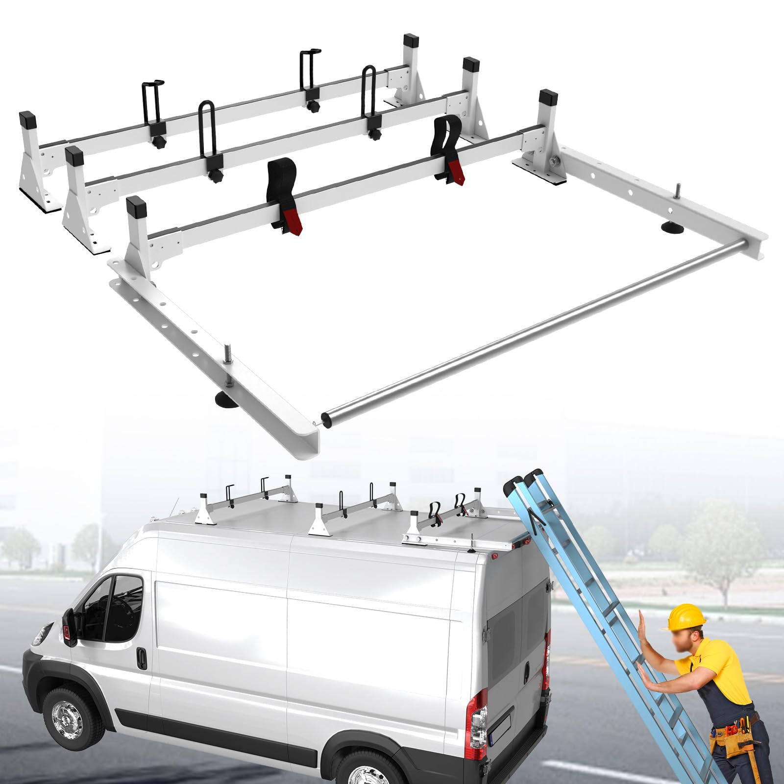 StarONE 57" Heavy Duty Steel Van Roof Rack,Van Ladder Rack with Rear Cargo Roller Fit for 2013-2023 Ram Promaster,White,3 Bars,800lbs