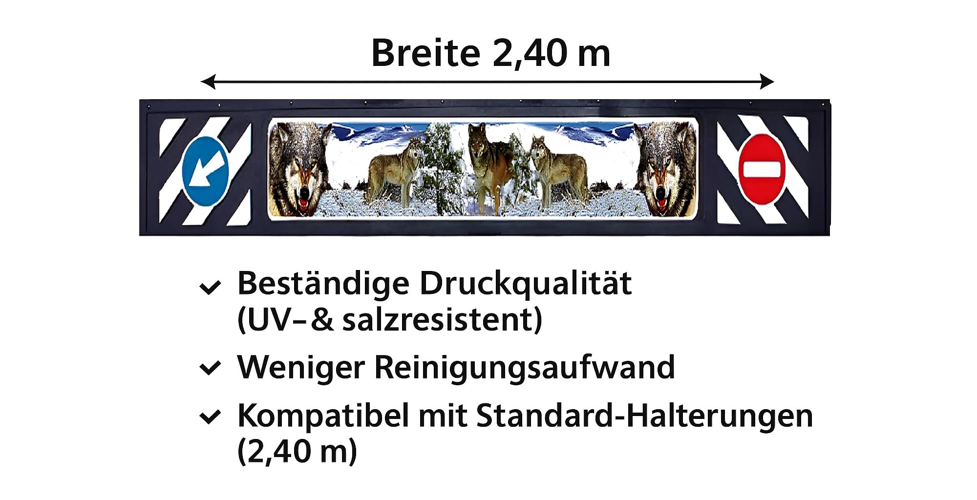 LKW Schmutzfänger 240cm breit Robuster Spritzschutz Spritzlappen für LKW & Anhänger, Mit Wolf Motiv, Verkehrszeichen, wetterfestem Material & einfacher Montage