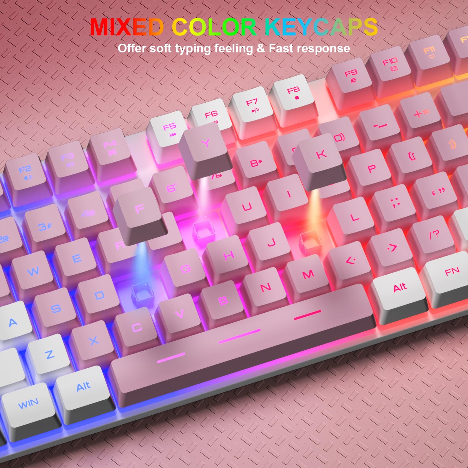 BlueFinger Tastiera da gioco RGB e mouse retroilluminato, con cavo USB, set da gioco a LED per laptop, PC, giochi e lavoro (bianco e rosa)