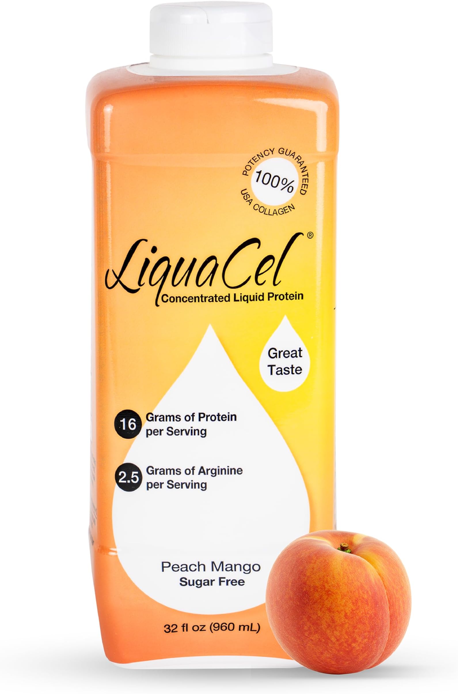 Liquacel Liquid Protein Sugar Free Peach Mango 1 X 32oz Bottle by Global Healing