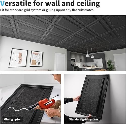Miniatura 6 de Art3d Azulejos de techo colgantes de 24 x 48 pulgadas, color negro (paquete de 12, 96 pies cuadrados), paneles de revestimiento 3D que se pegan 2 x