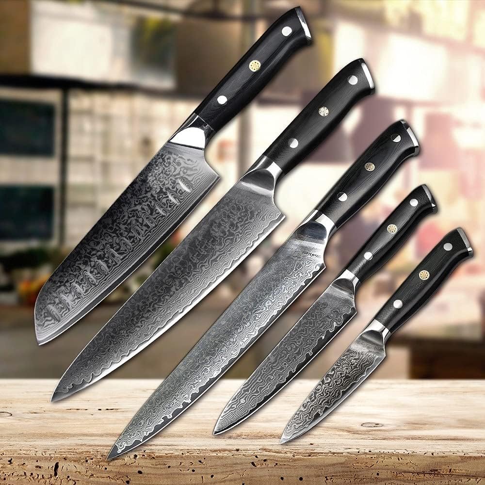 Damascus Knife Set, 5PCS Kitchen Knife Set Japanese VG10 Damascus Steel Slicer Chef Paring Utility Santoku Kinfe Cooking Knife G10 Handle