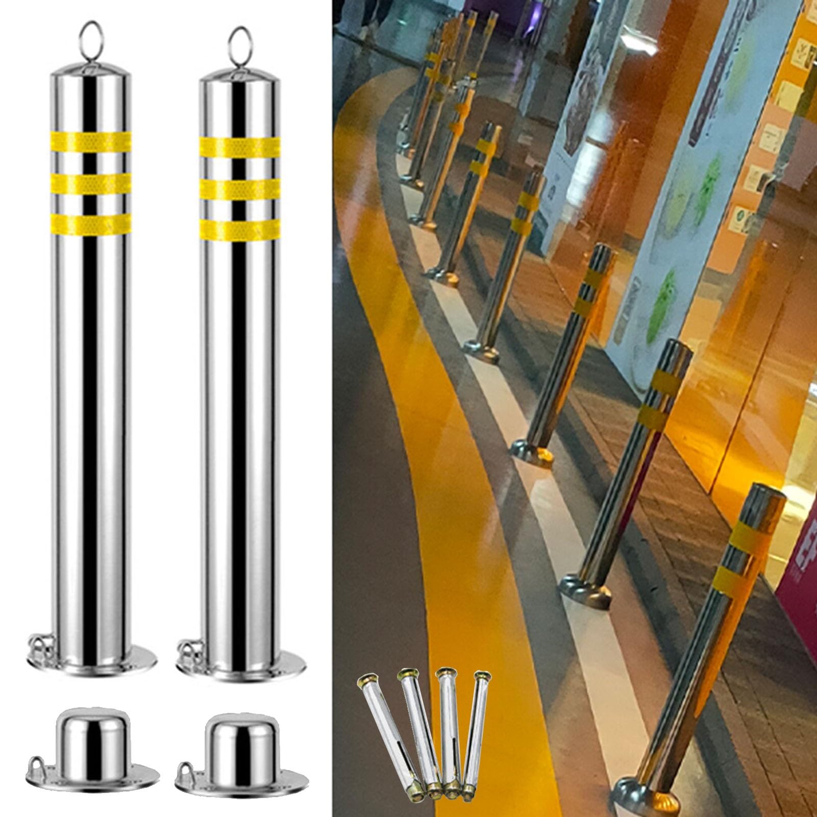 Parkpfosten, Set mit 2 robusten Parkplatz-Absperrpfosten aus Edelstahl, reflektierenden Verkehrswarnkegeln Schrauben(7.6 x 60cm (3 x 23 5/8in))