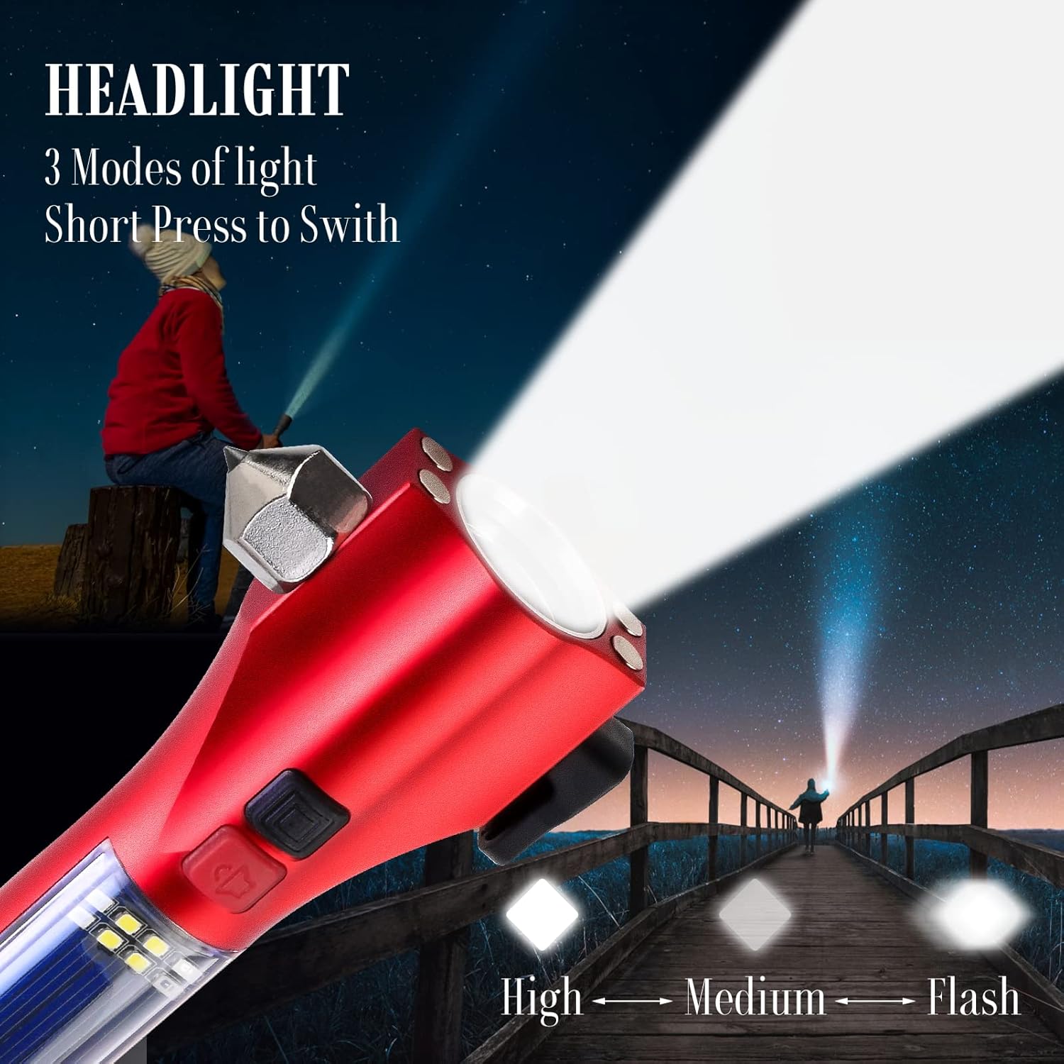 Car Flashlights for Emergencies, Window Breaker Seatbelt Cutter Multifunction Solar Flashlights, Waterproof LED Flashlight Rechargeable Solar Powered Emergency Flashlight for Outdoor