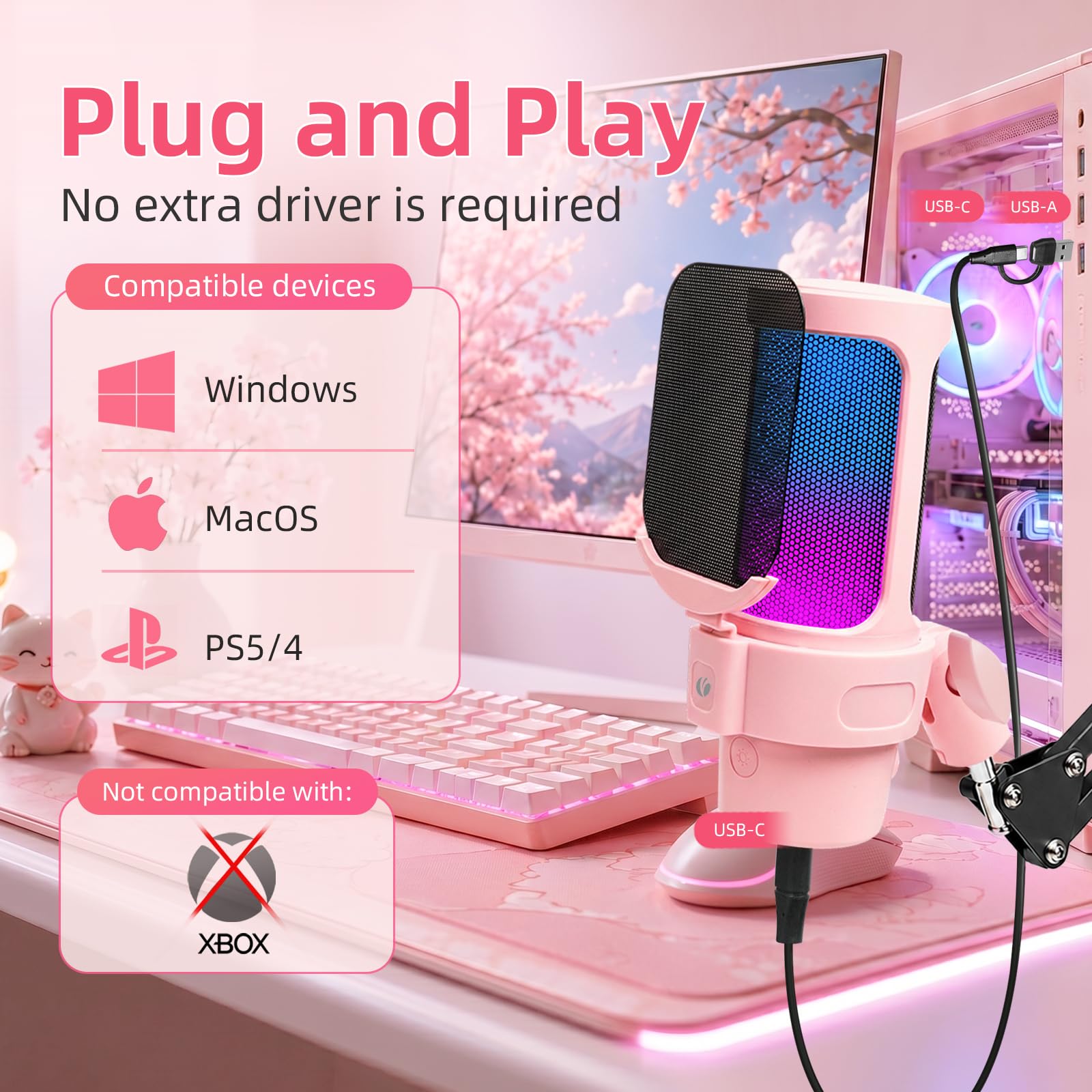 VCOM Micrófono USB para juegos rosa, micrófono de brazo dinámico de condensador para podcast, transmisión, con soporte de brazo de brazo, silencio rápido, filtro pop, indicador RGB, montaje de choque