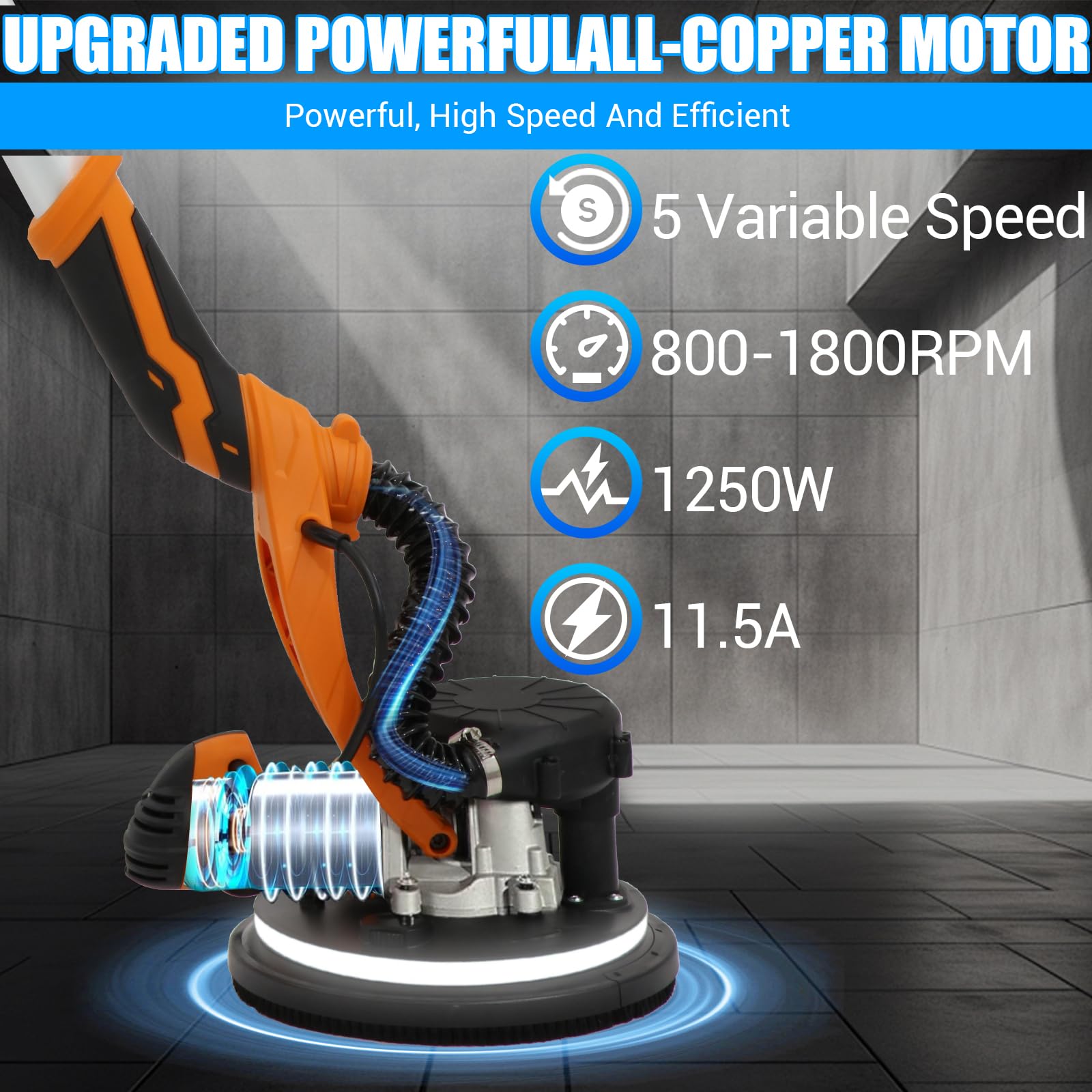 Lijadora Pared y Techo, 1250W, 5 Velocidad Ajustable (800-1800 rpm), Lijadora para paredes con aspirador, Mango Extensible,LED, Con Bolsa Colectora de Polvo