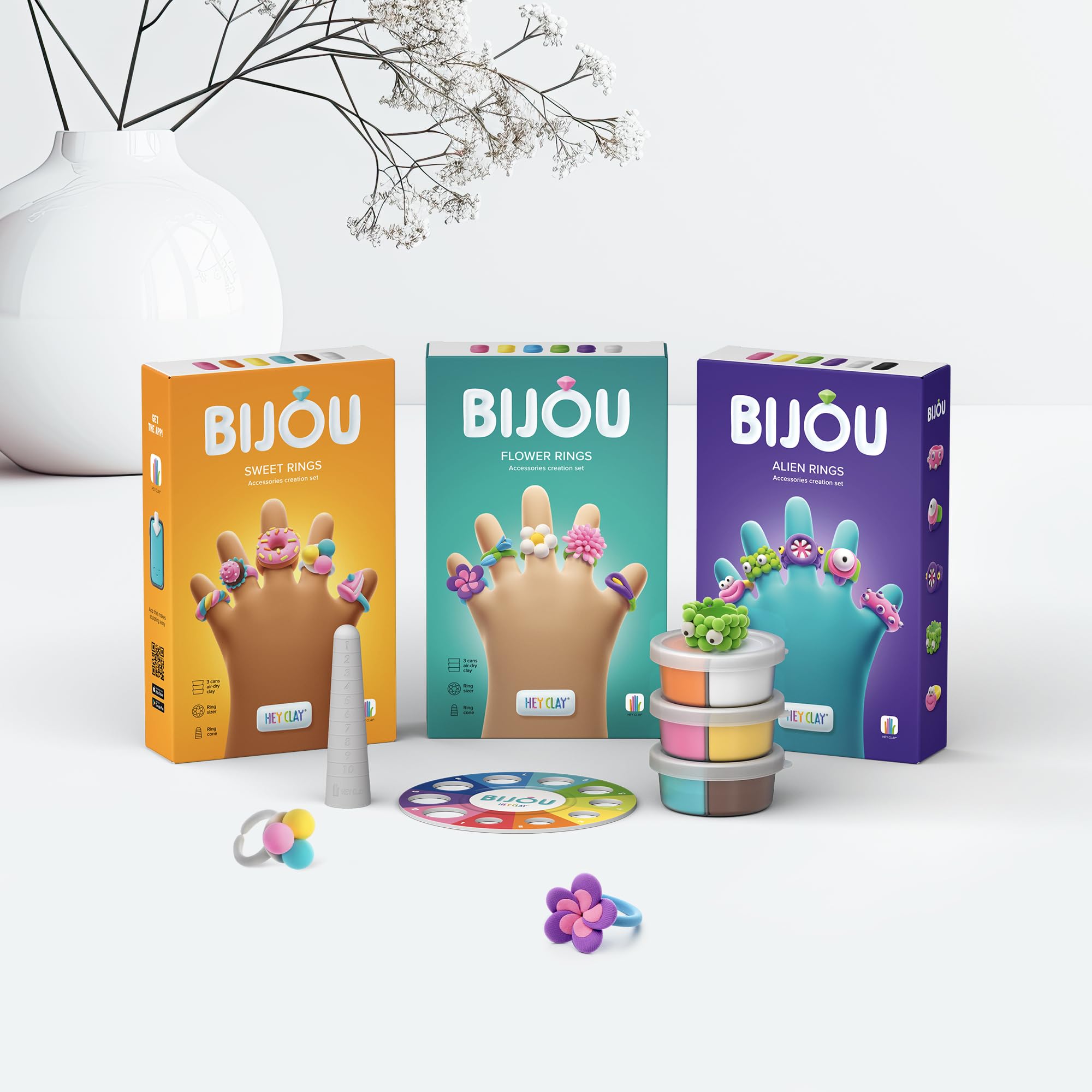 HEY CLAY Bijou Rings - Zestaw glinianych akcesoriów do majsterkowania - Glina suszona na powietrzu z narzędziami i interaktywną aplikacją dla dzieci w wieku 4-8 lat (floral nels)