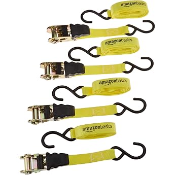 Amazon Basics Tie Down Straps with Ratchet Pack of 4 4.5 m x 25 mm 635 kg Load Capacity Lashing Straps with S Hooks Automatic Locking Quick Release for Trailer Motorcycle Load Yellow