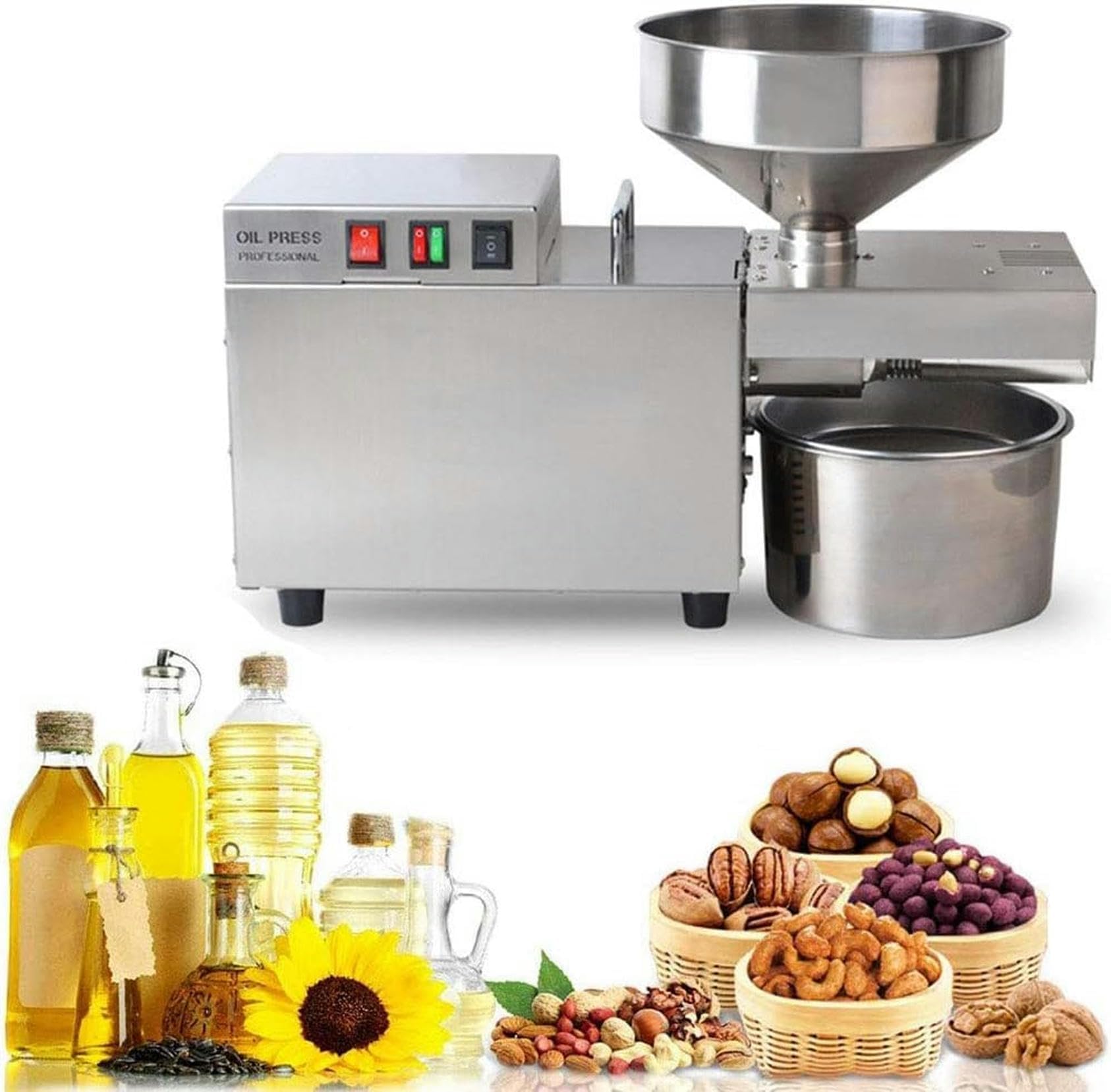 Commercial Oil Press Machine Cold/Hot Nut Oil Extractor Automatic Food-Grade Stainless Steel Home Oil Expeller for Coconut Castor (110v)