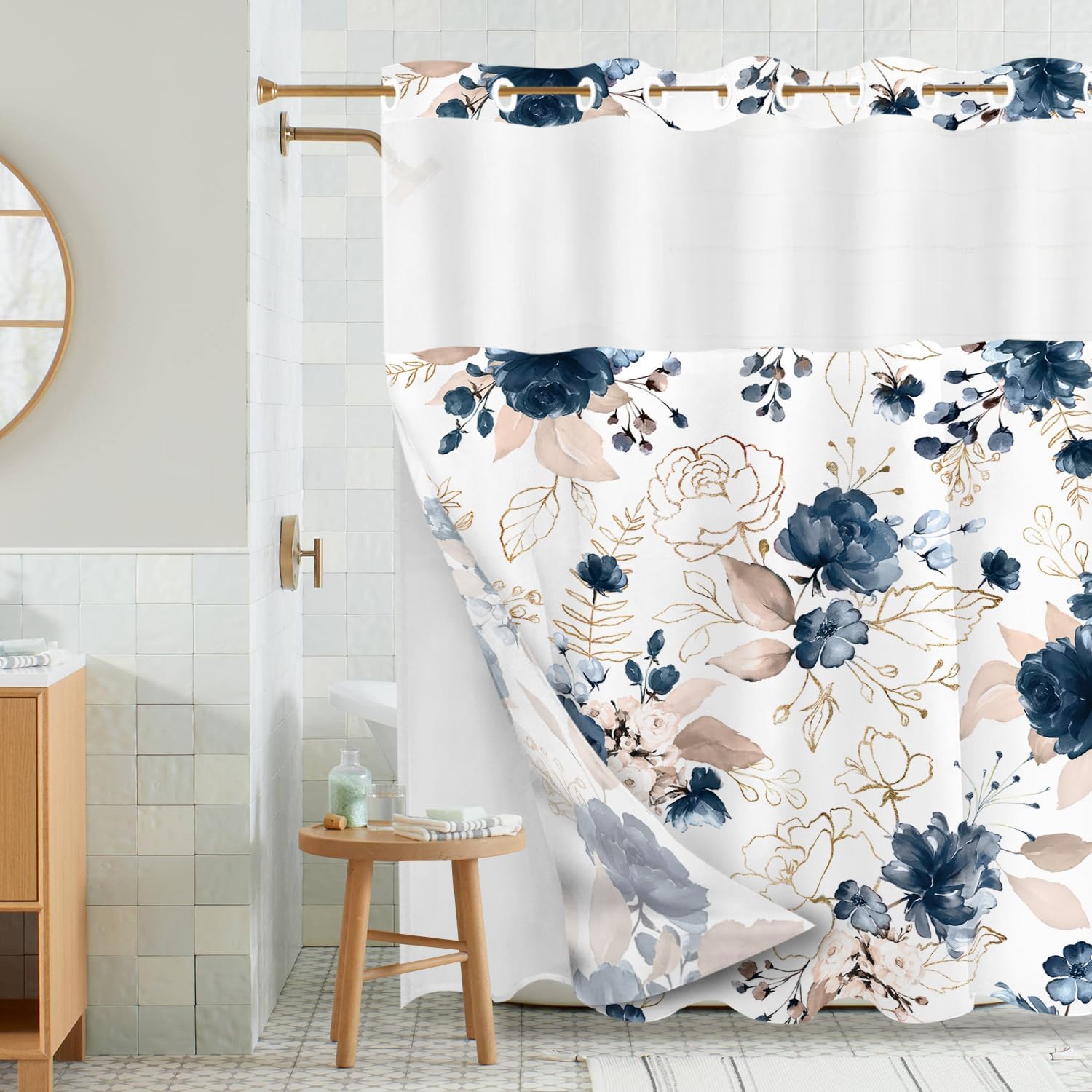 Tititex No Hooks Snap in Liner Rustic Navy Blue Floral Gold Leaves Shower Curtain, Hotel Luxury Double Layers Waterproof Fabric & See-Through Top Window Bathroom Decorative 72x72 Inch