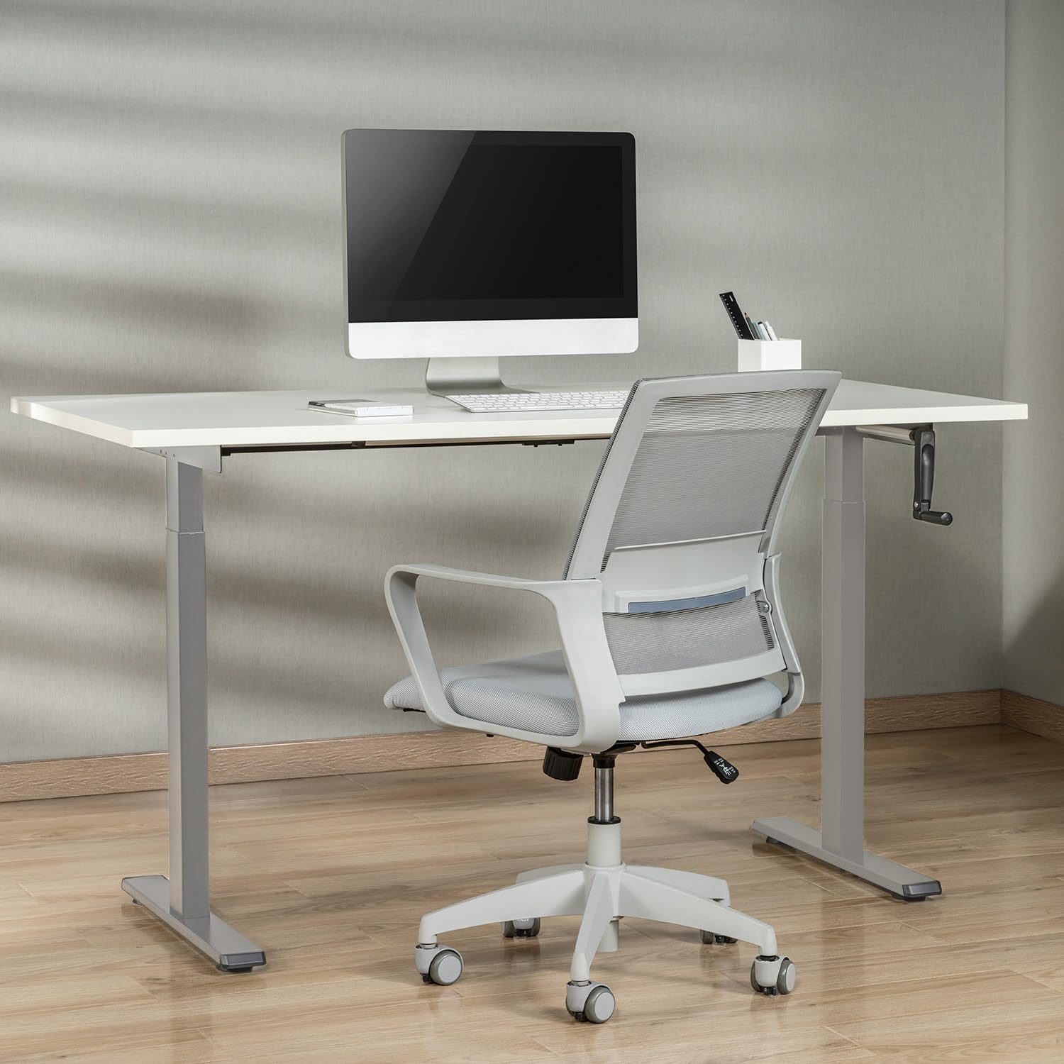 Maclean Sitz-Steh-Schreibtisch Tischgestell | Manuell Höhenverstellbarer Bürotisch max. 118cm | Ergonomischer Tisch Belastbar bis 60kg | MC-790N (Grau)