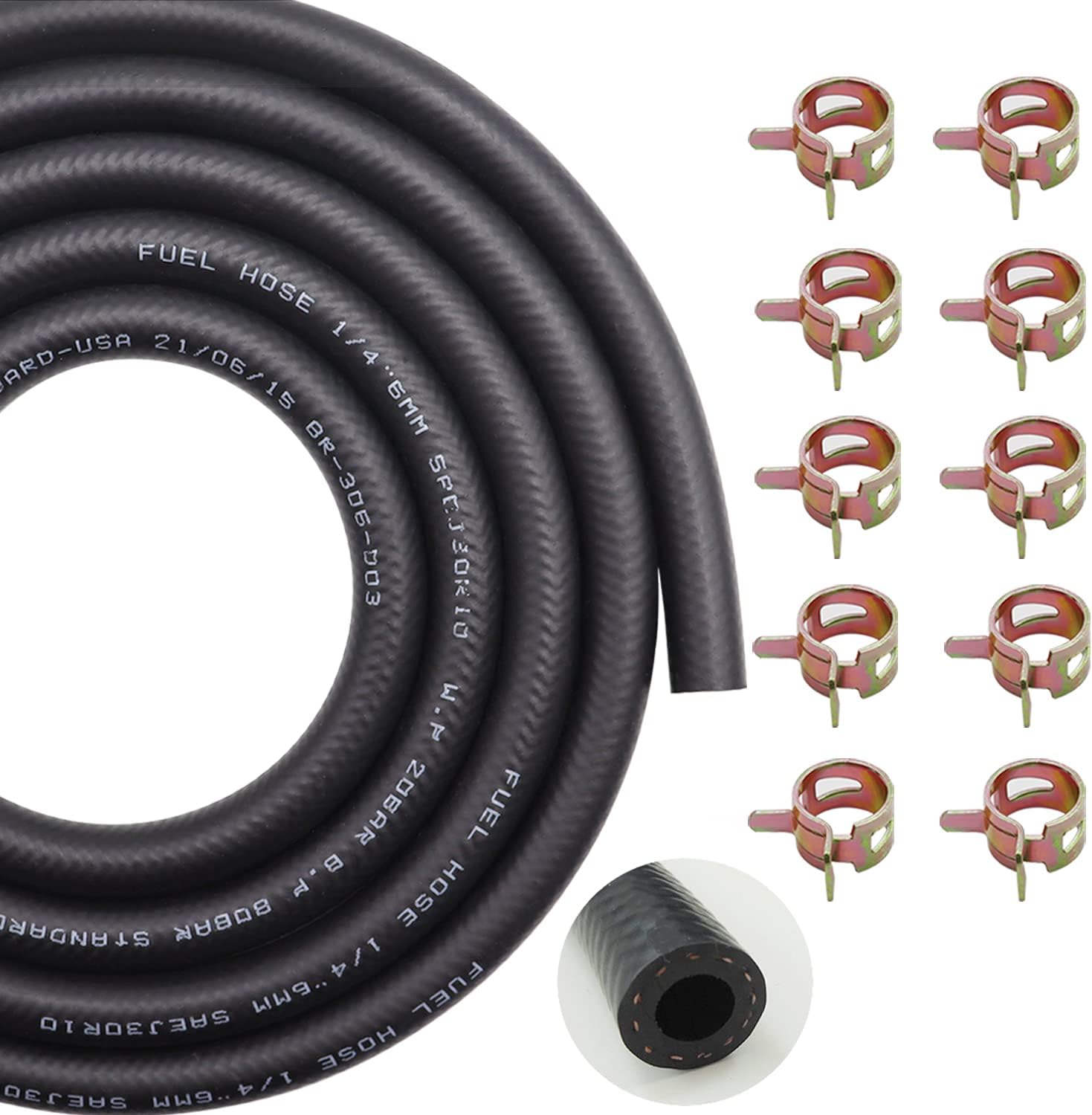 Taiss ID Fuel Line Kit, 1/4" (6mm), 6-Foot (2m) Fuel Line Hose + 10PCS 2/5" (11mm) ID Hose Clamps. Suitable For Small Engines: Tractors, Mowing Machine, Snow Machine, Etc.