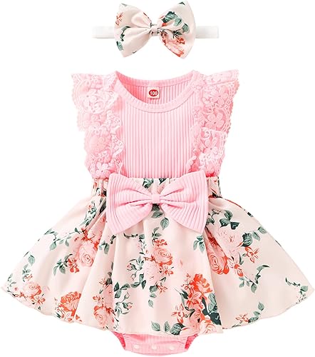 YOUNGER TREE Vestidos de niña recién nacida, vestido floral para bebé, ropa de verano para niña, diadema para bebé