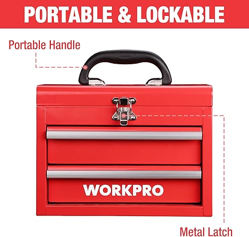 Miniatura 3 de WORKPRO Mini caja de herramientas portátil, caja de herramientas de metal con 2 cajones con deslizadores de rodamientos de bolas, almacenamiento