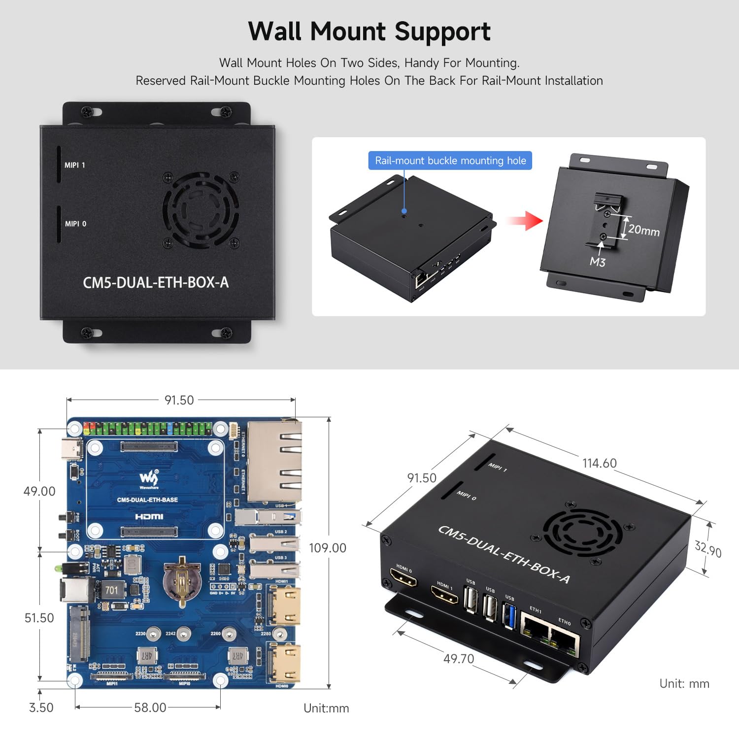 Waveshare Gigabit / 2.5G Dual Ethernet Base Board with Metal Case For Raspberry Pi CM5. Dual RJ45 Ethernet Ports, Supports Dual 4K Display Outputs And Dual MIPI Interfaces, Onboard 40Pin GPIO Header