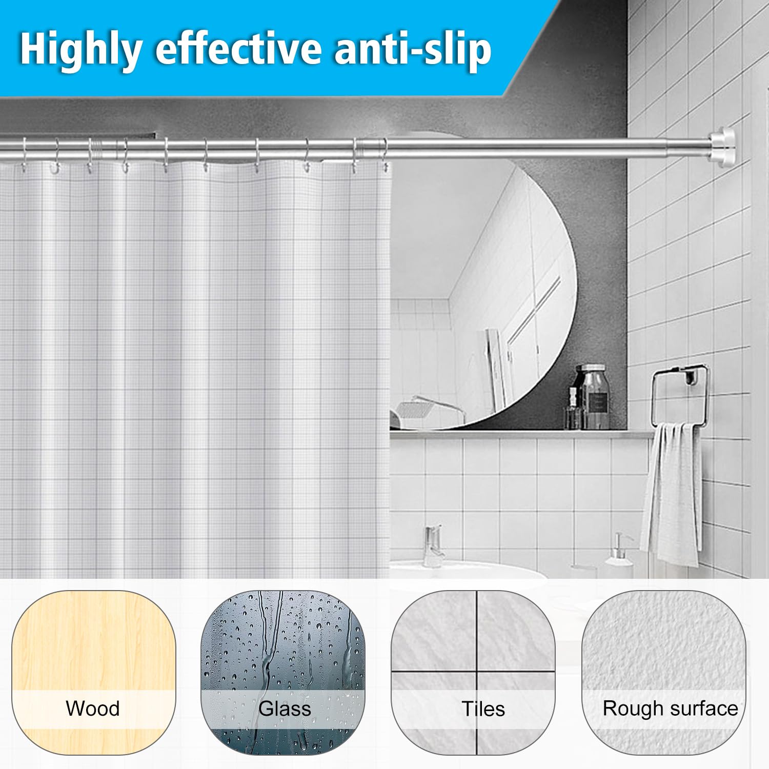 Spring Tension Shower Curtain Rod, 64-90 Inches Rust-Resistance Shower Curtain Rod Bathroom Rods, Silver 1 Inch Diameter