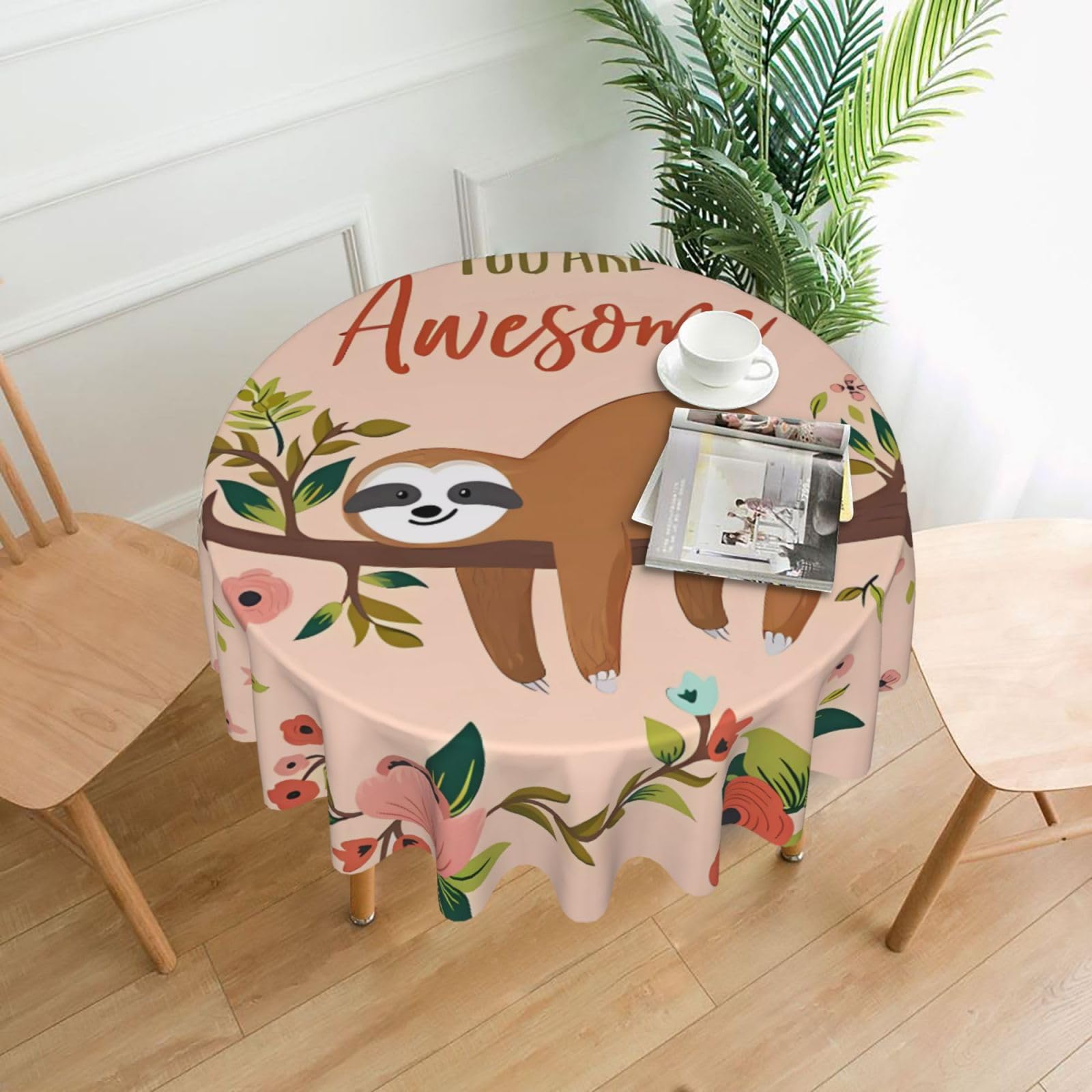 ZHAOUR You Are Awesome Sloth Print Round Washable Tablecloth – Table Cover