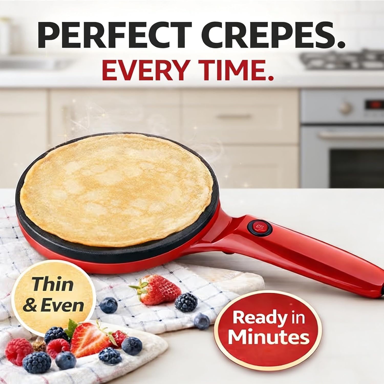 Instant 8" Electric Crepe Maker Quick Heat, Nonstick Portable Pancake Griddle with Automatic Temperature Control, Comfortable Long Handle, deal for Tortillas Flatbreads Brunch Home Kitchen (White)