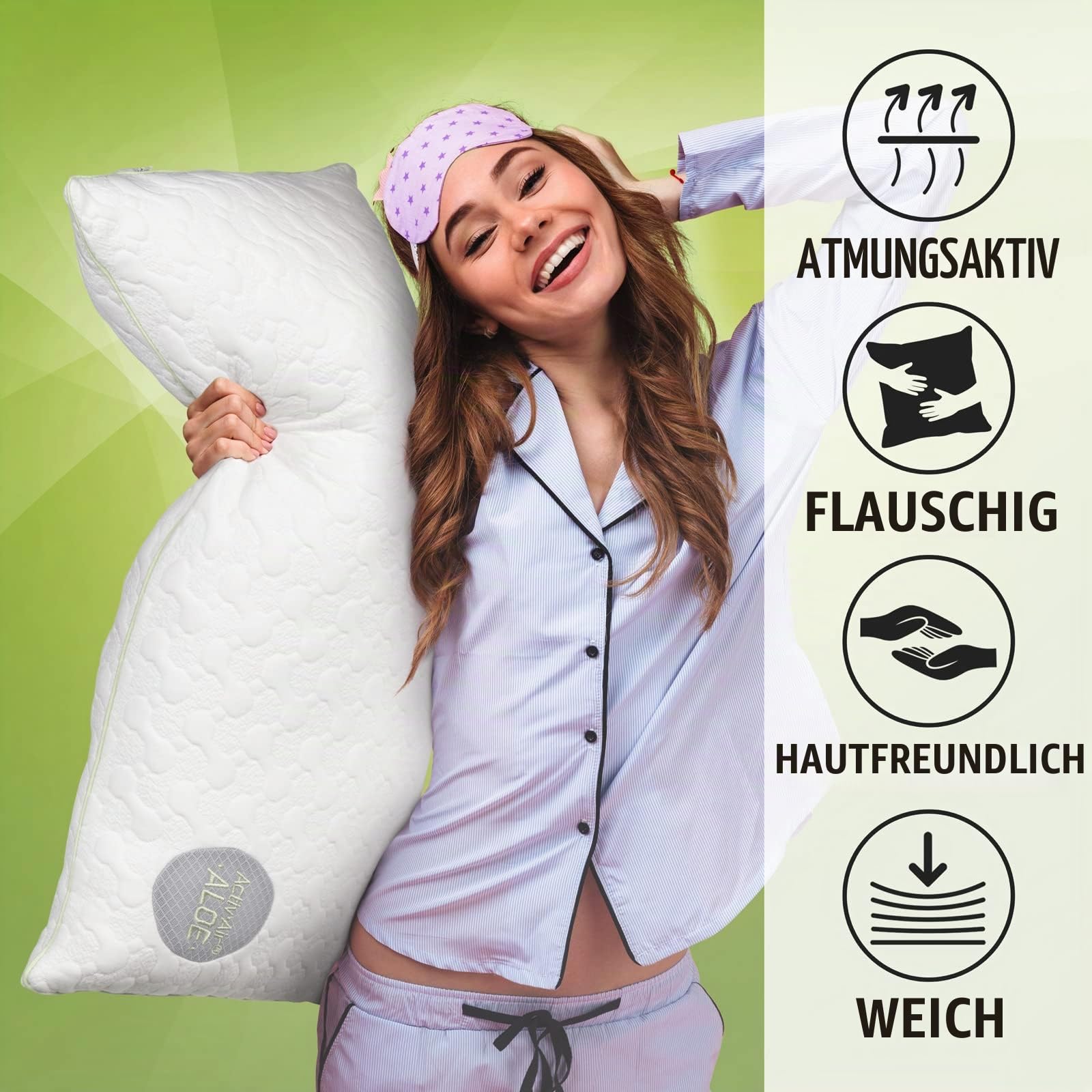 Vitapur Kopfkissen 40 x 80 Aloe Vera (2er Pack) - Kühl im Sommer, Warm im Winter - No.1. Seitenschläfer Kissen mit beruhigender Wirkung - Sehr Atmungsaktiv