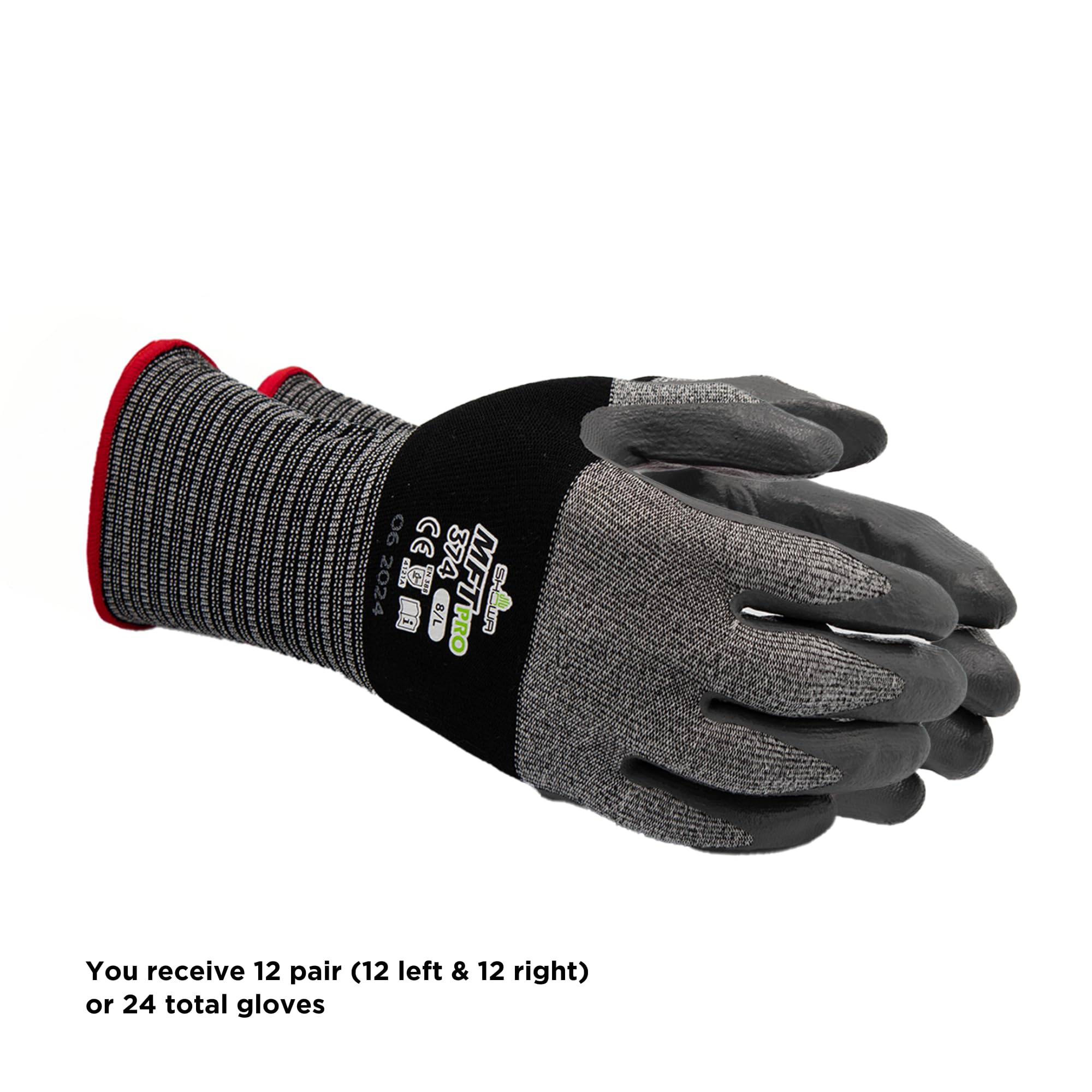 SHOWA MFT PRO 374, Mechanical and Industrial Protective Gloves, Flat Nitrile Palm Coating, Ultra-lightweight, Breathable, Grey, 12 Pairs, Size Large