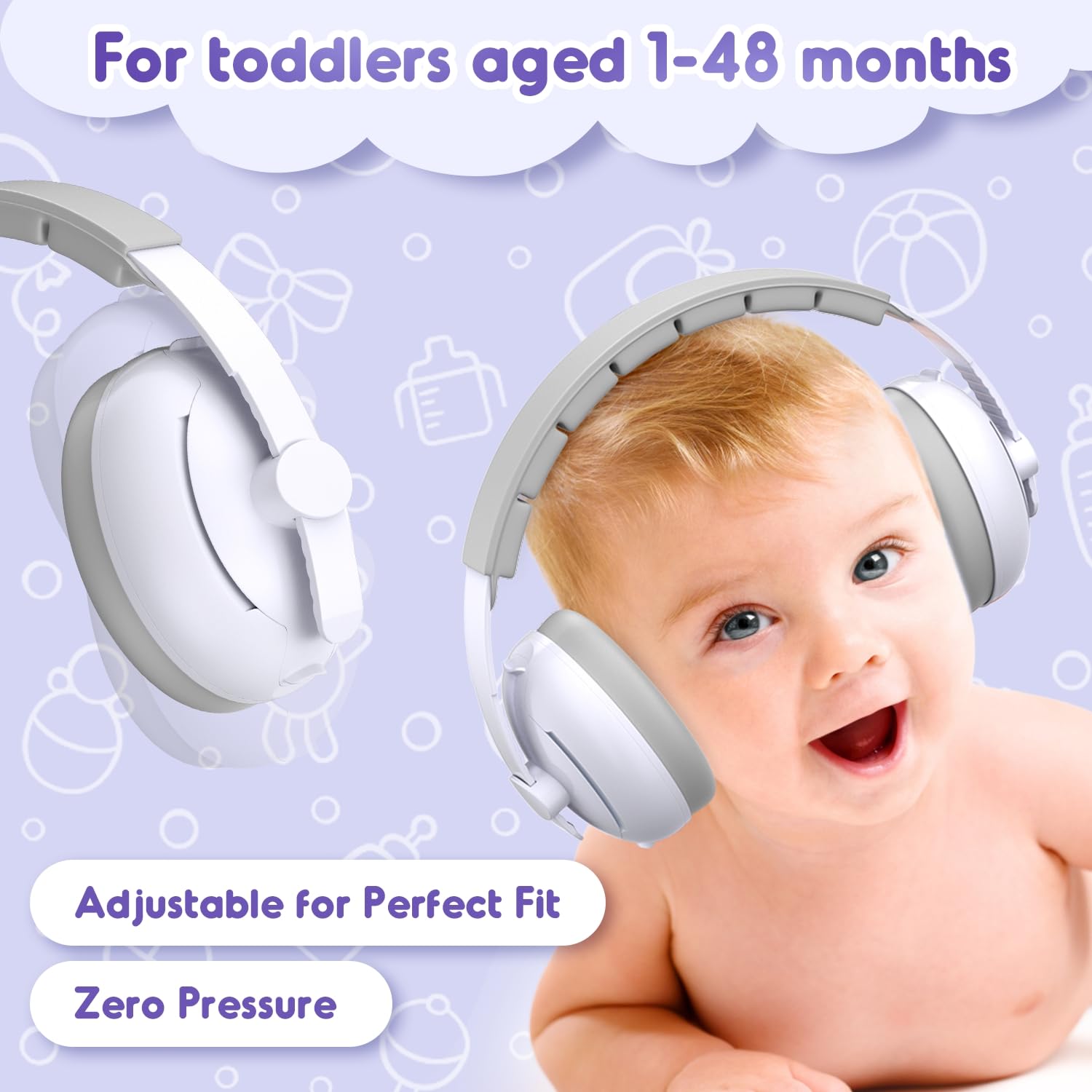 Casque Bébé Anti-Bruit 2 en 1, Bébés et Tout-Petits jusqu'à 60 Mois, Certifié CE, Confortable et Réglable, Blanc