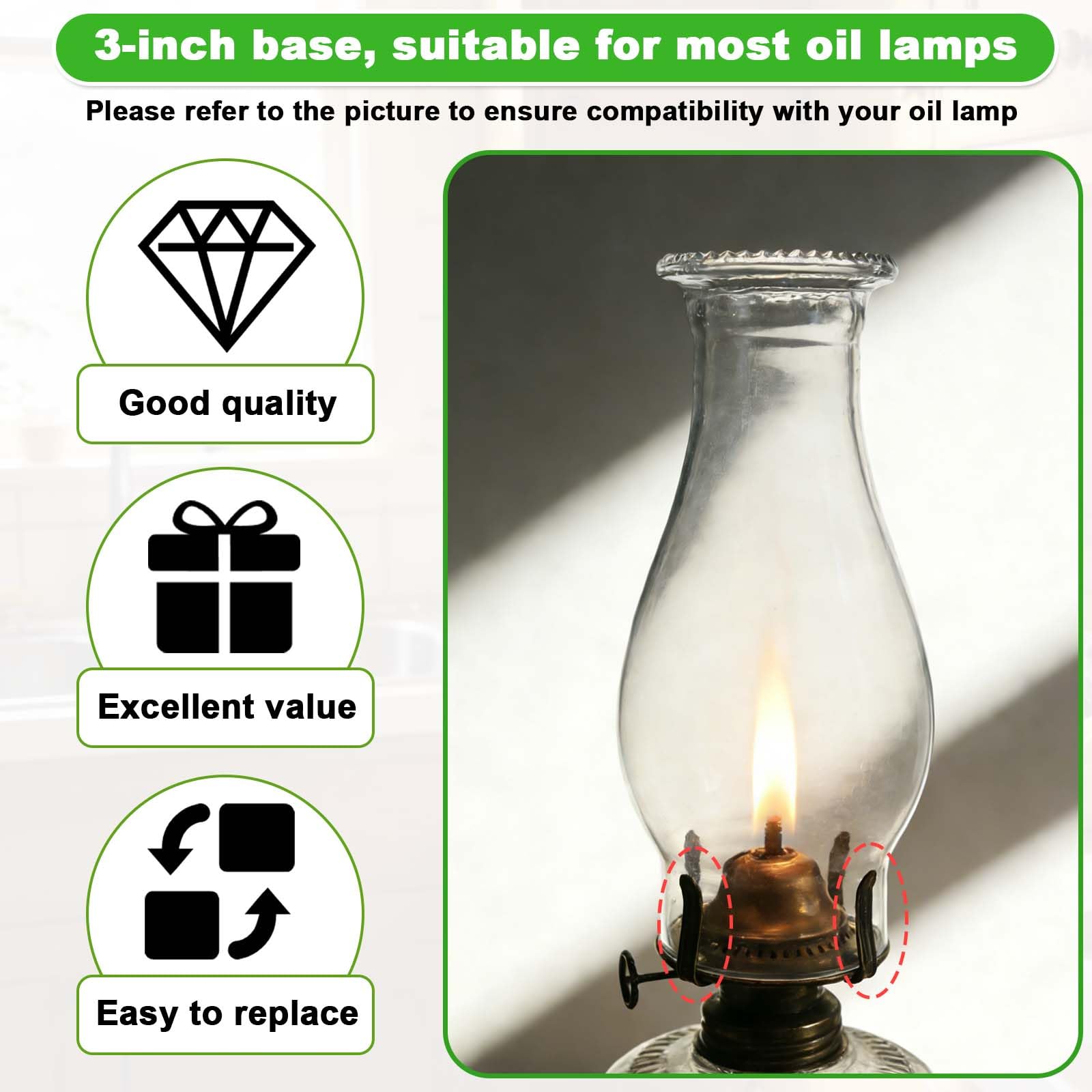 Cappa Ricambio per Lampada a Olio in Vetro Trasparente, Copertura Paralume Lampada a Cherosene Uragano 20,5cm con Adattamento Inferiore 7,62cm Globo in Vetro per Lampade Vintage & Classiche