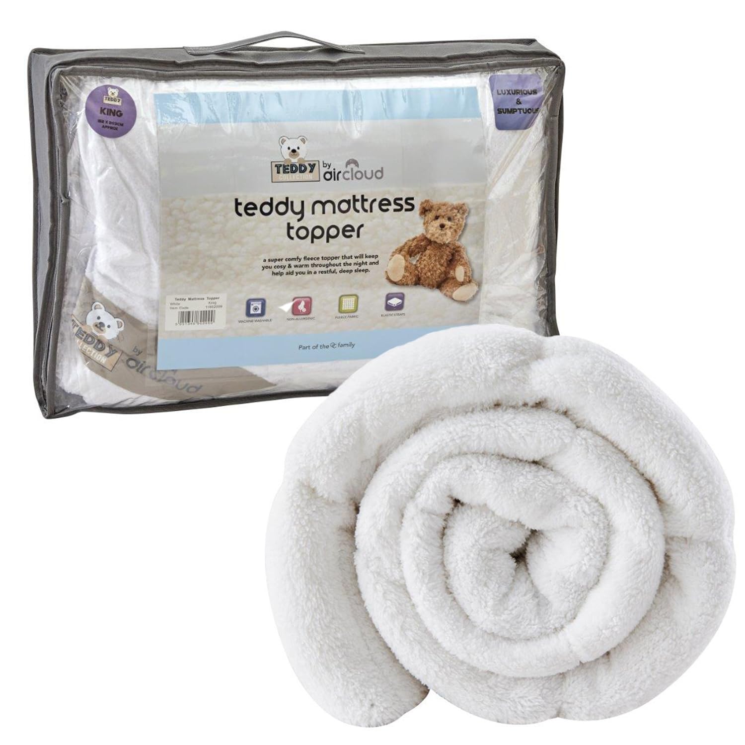 Luxury Super Soft Sherpa Fleece Teddy Mattress Topper - Thermal Bed Protector 3cm Thick Enhancers, Fluffy Stitch Elastic Corner Straps 2Inch Deep Fitted Toppers Warm Cosy White Sheet (Double)