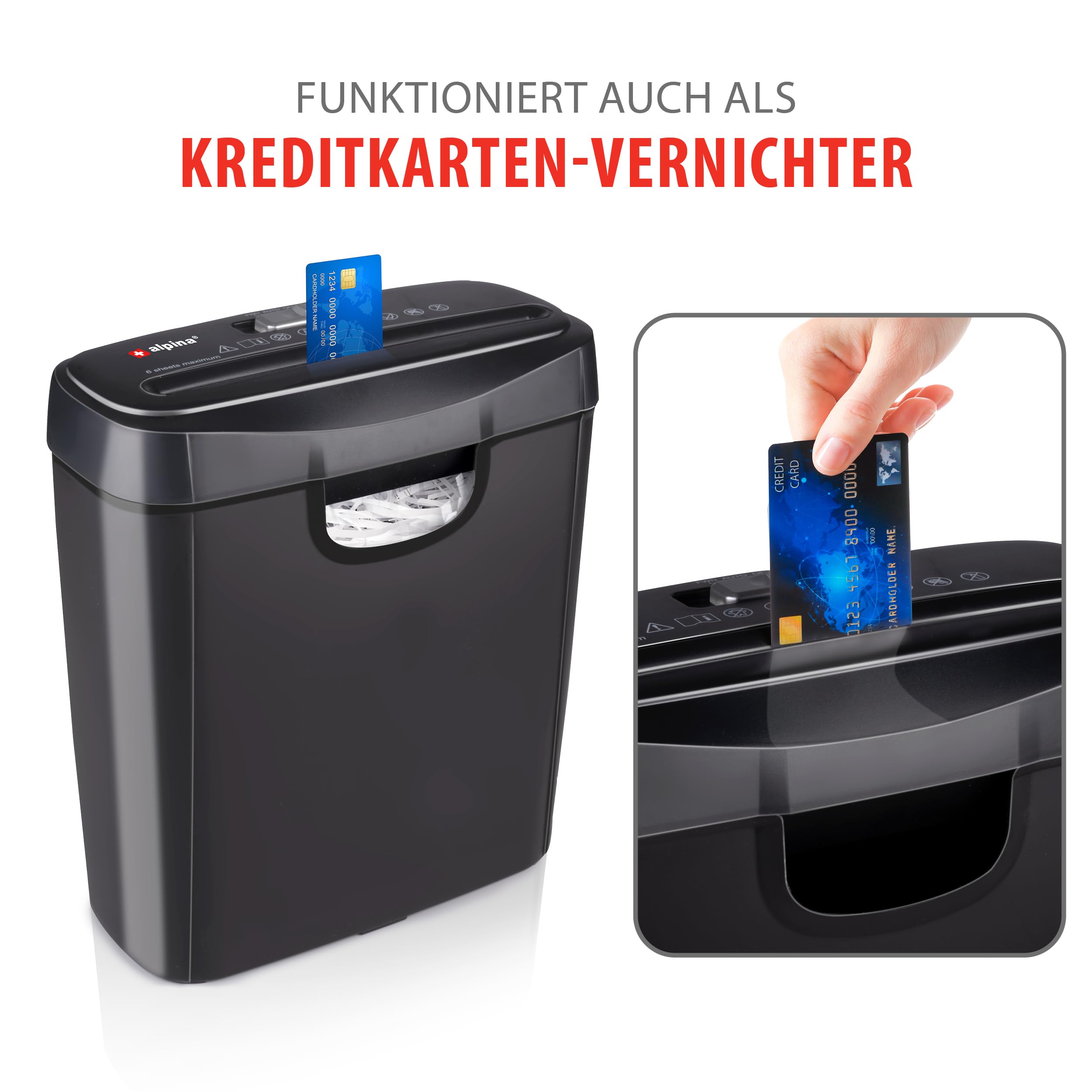 Alpina Aktenvernichter – Papiershredder für Zuhause und Büro – Shredder Zerstört Kreditkarten – Zerkleinern Sie 6 A4-Blätter auf Einmal – 10L Behälter – 190W Leistung – Streifenschnitt – Schwarz