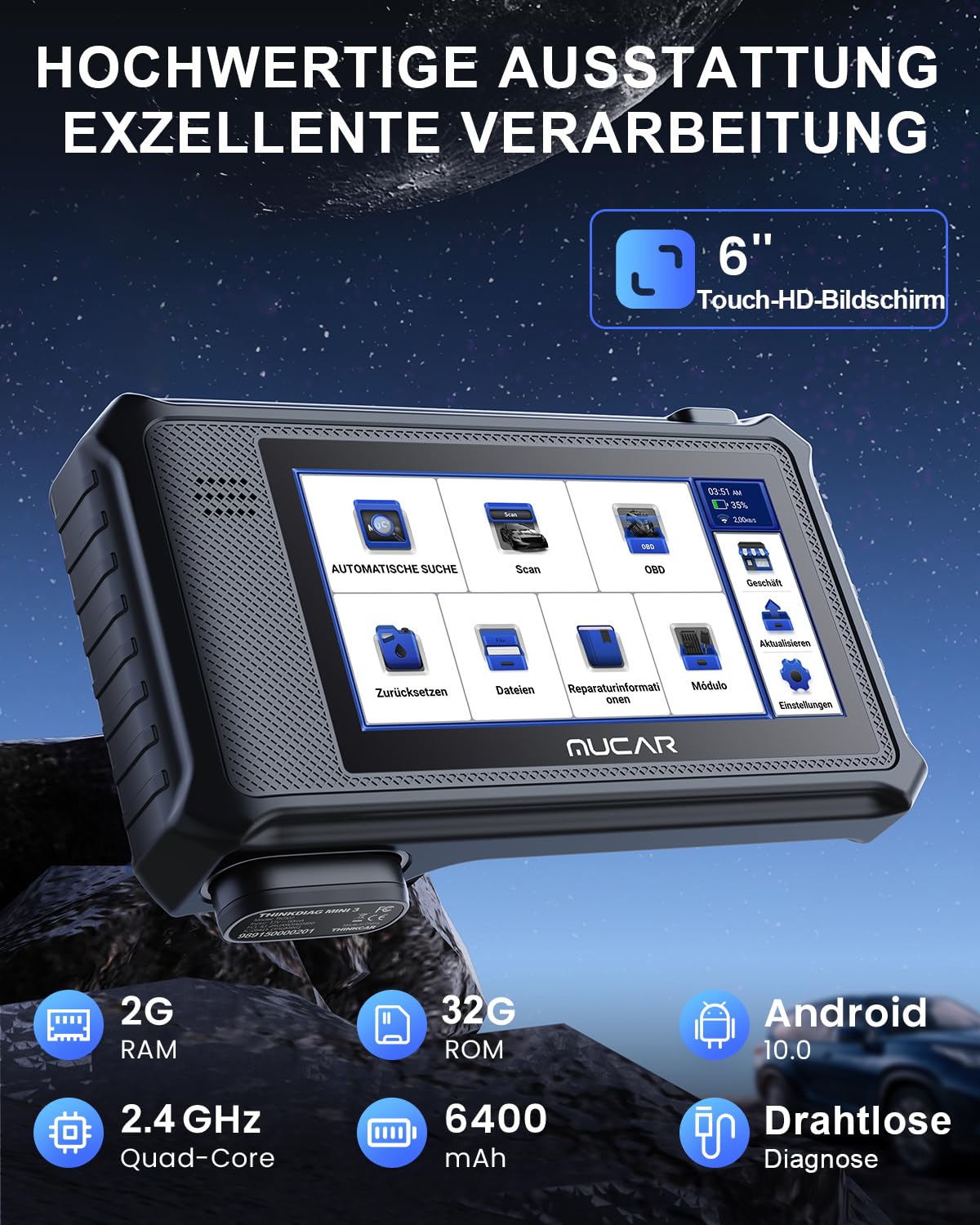 OBD2 Diagnosegerät, MUCAR VO6 Diagnosegerät Auto, Für Alle Fahrzeuge Mit & Alle Systemdiagnosen Und 28 +Reset-Funktion, Kfz Auslesegerät Mit AutoVIN, Android 10.0