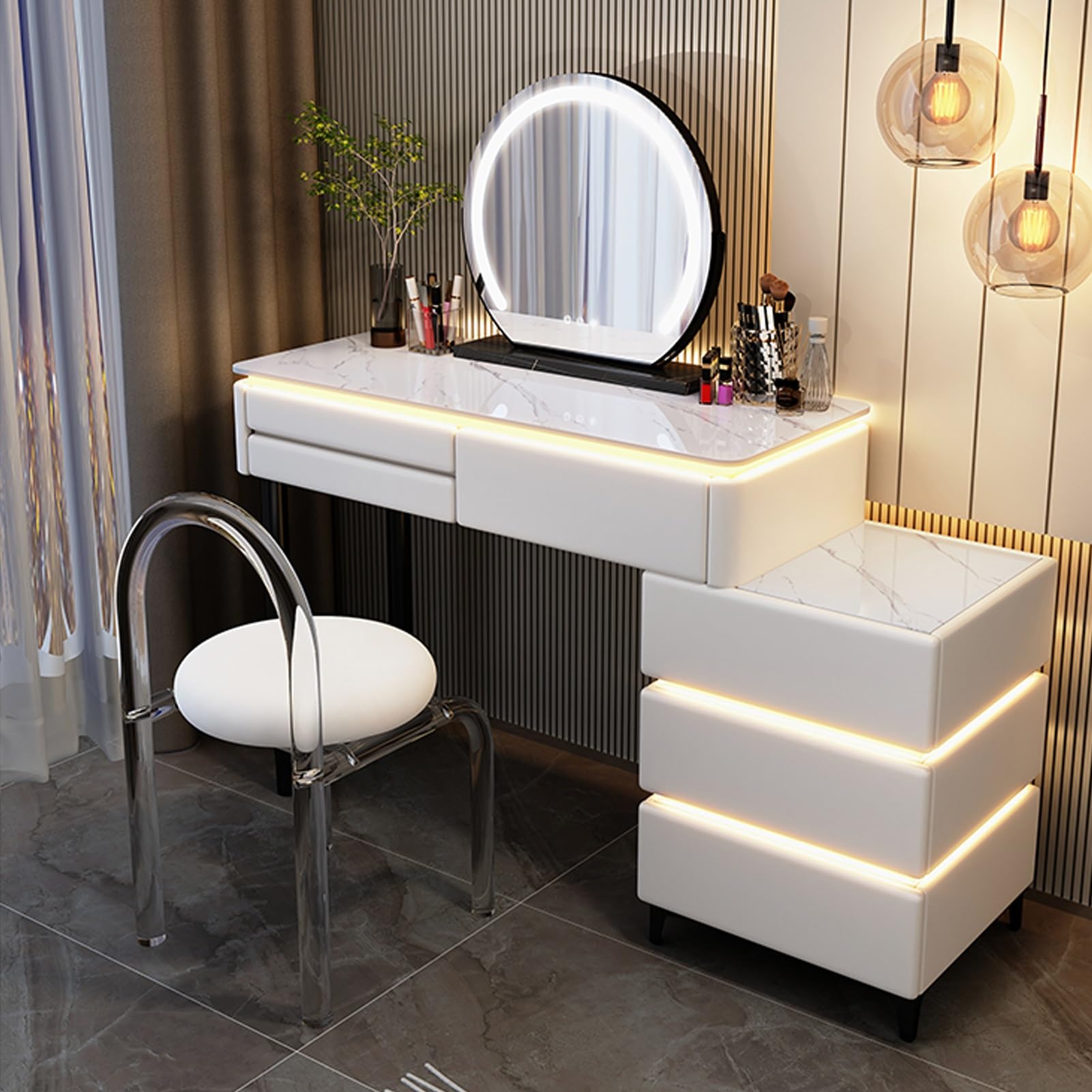 CGCSYZ White Vanity Desk with Lighted Mirror Stool and Drawers Elegant Makeup Table with 3 Light Settings and Side Cabinet(Whiteb-80cm/31.5in)