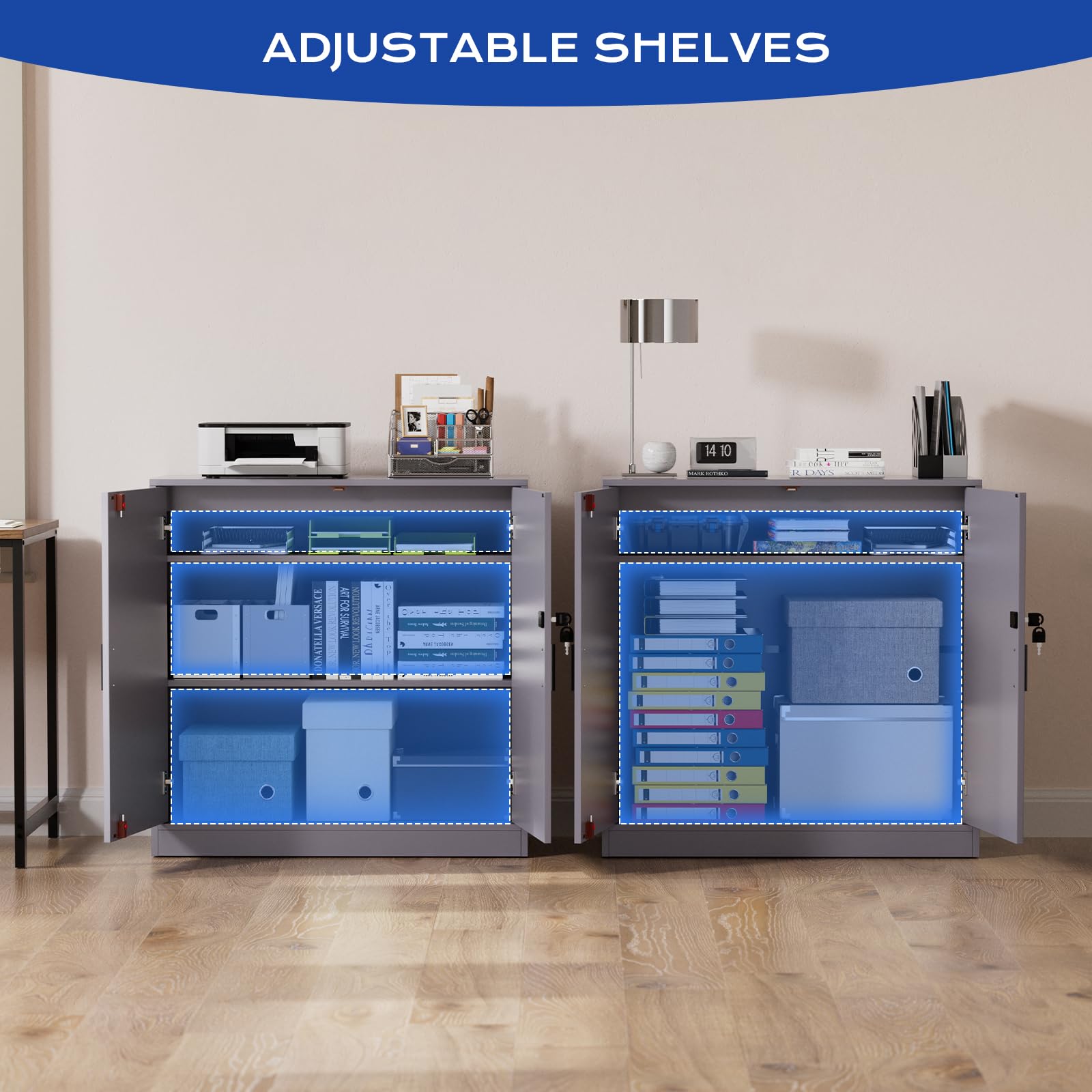 Armadio Ufficio, Schedario da Ufficio Multiuso con Serratura Chiave, Ripiani Regolabile e Due Ante, Armadietto Salvaspazio Mobiletto per Cucina Soggiorno Officina Credenza Stampante,Grigio
