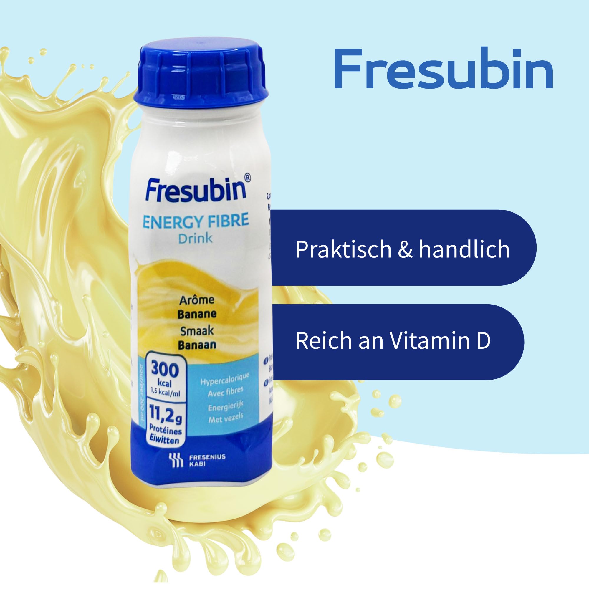 Fresubin ENERGY FIBRE Drink Banane 24x200ml- Hochkalorische Trinknahrung von Fresenius Kabi, 300 kcal pro Flasche, glutenfrei, ideal bei Mangelernährung